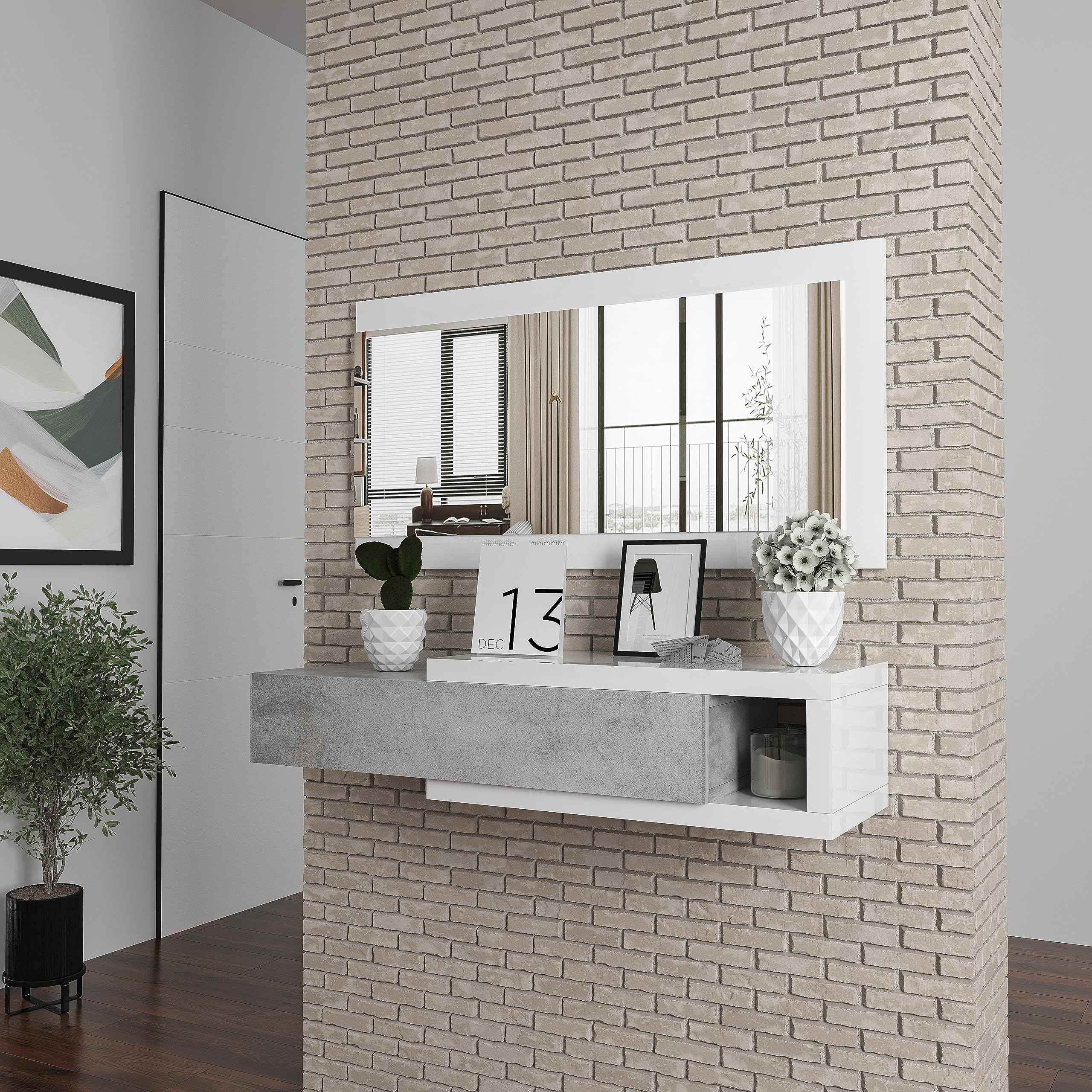 Mobile Maiorca Mobiletto Da Ingresso Sospeso Con Cassetto Mensola e Specchio Arredo Arredamento Sala 81 x 116 x 29 cm Colore Bianco Lucido e Grigio Cemento
