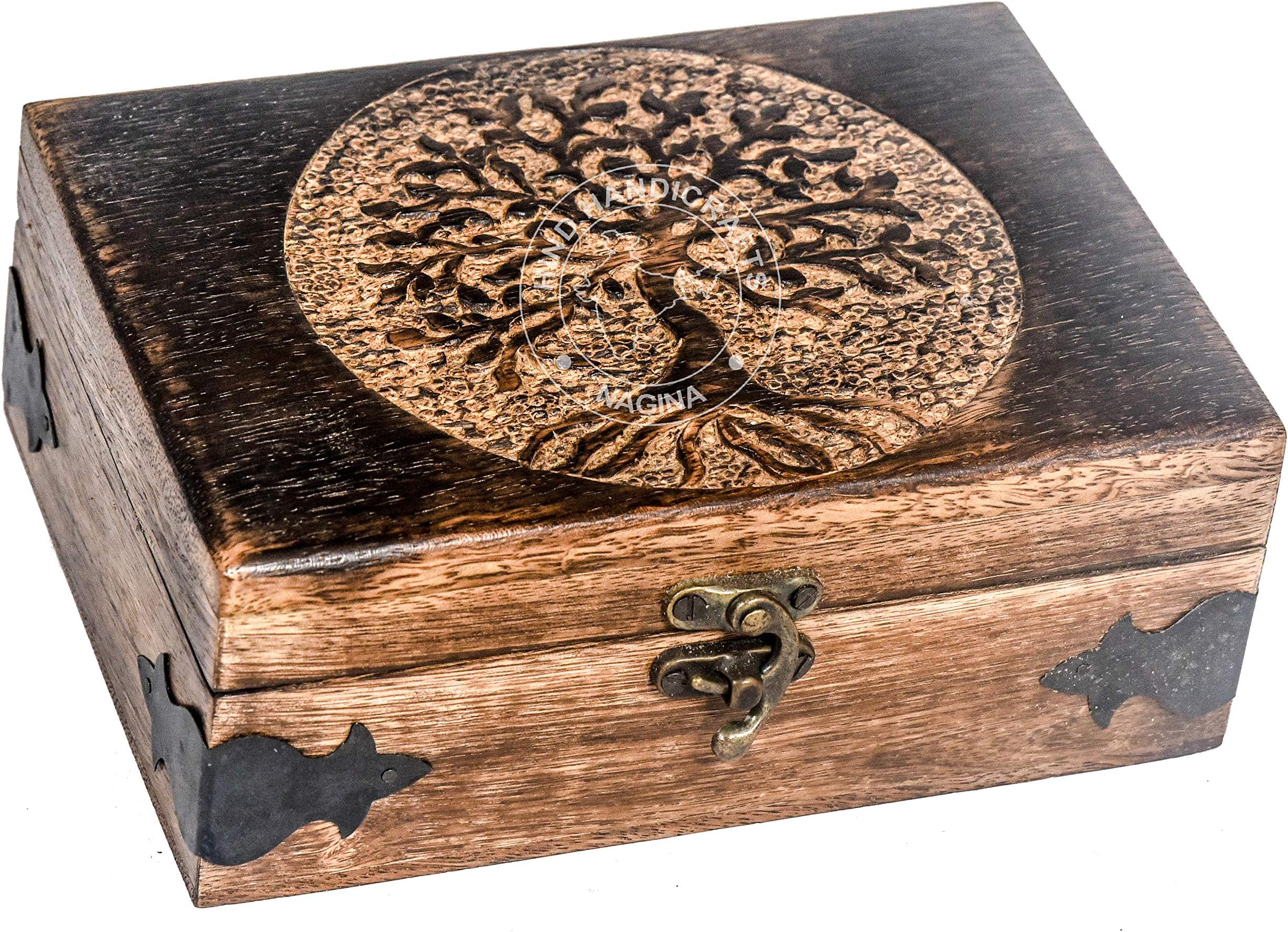 Antique Handmade Wooden Urn Tree of Life Engraving Handcarved Jewellery Box for Women-Men Jewel | Home Decor Accents | Decorative Boxes | Storage & Organiser (7" x 5" x 2.5", Tree - 2)