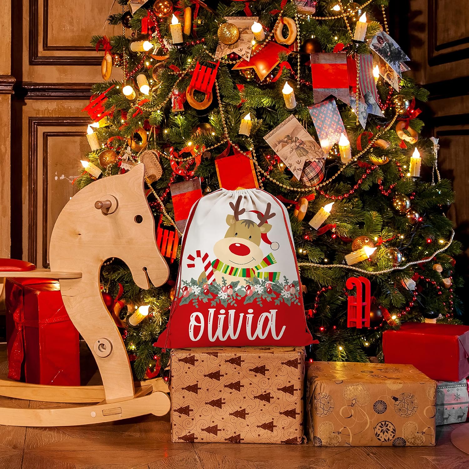 Set of 2, Personalized Santa Sack w/Drawstring - Name & Penguin, Deer, Snowman Designs - Custom Family Christmas Bag for Holiday Presents, 27" x 20" Canvas Santa Gift Bag - Delivery from Santa