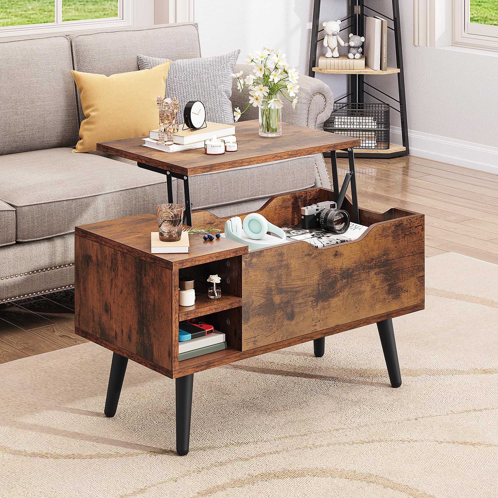 YITAHOME Mesa de Centro Elevable con Compartimento Oculto, Estante de Almacenamiento Ajustable, Elevador de Resorte, Mesa de Centro con Almacenamiento para Sala de Estar, 80x40x61,5cm, Marrón Rústico