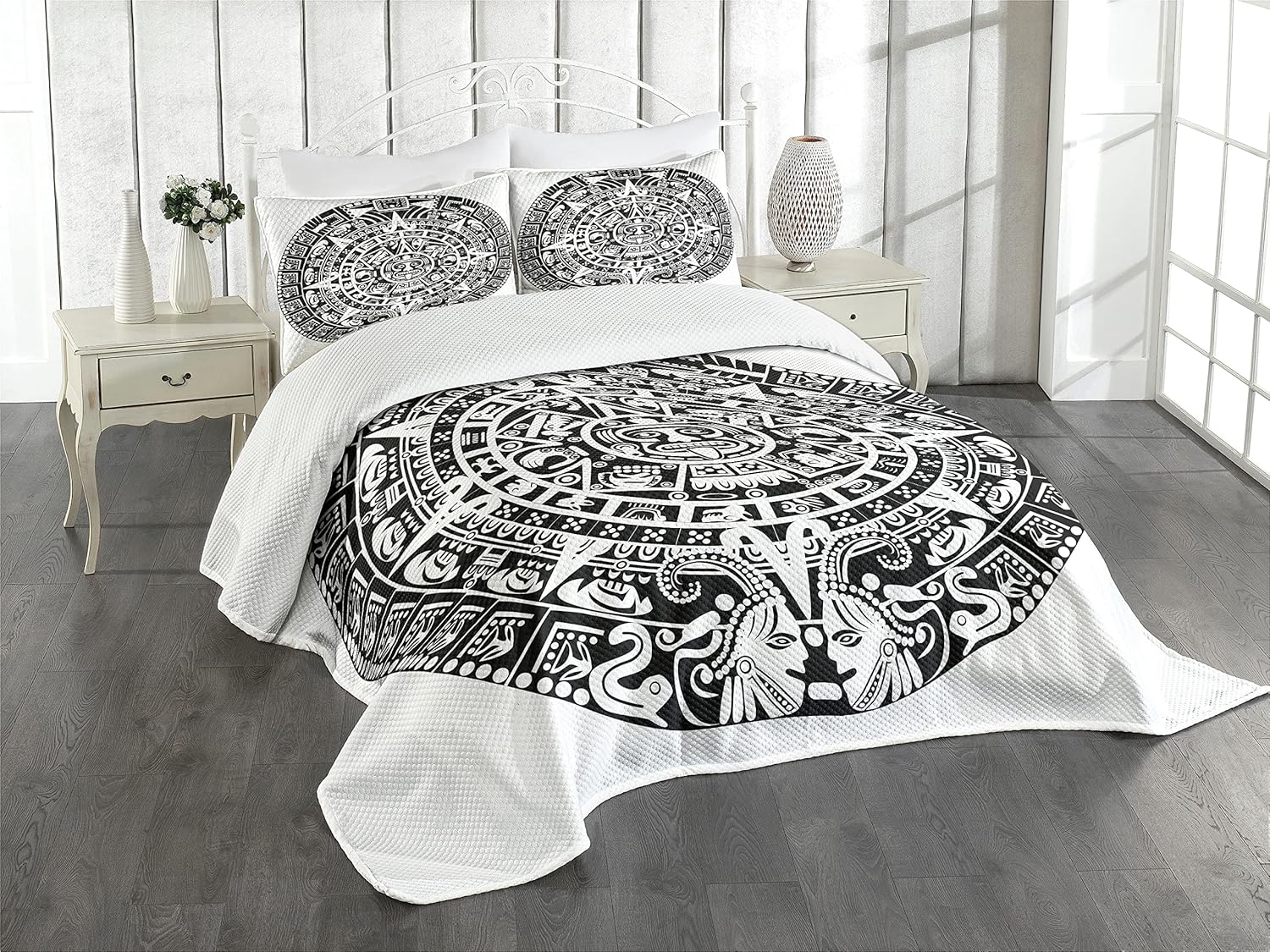 Lunarable Aztec Bedspread, Mayan Calendar End of The World Prophecy Mystery Cool Culture Design Print, Decorative Quilted 3 Piece Coverlet Set with 2 Pillow Shams, King Size, White Charcoal King Size White Charcoal