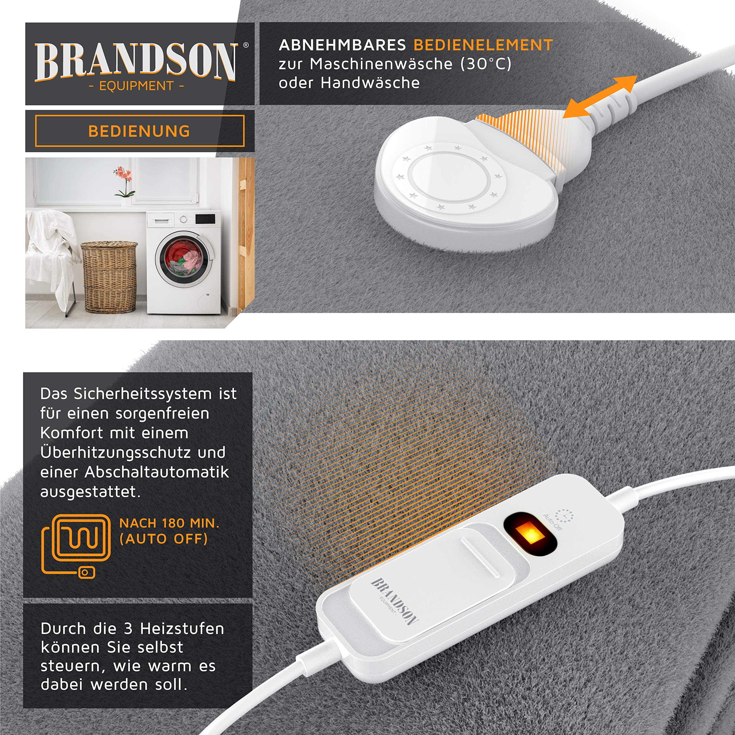 Brandson - Heizdecke mit Abschaltautomatik - XXL 180x130cm – Überhitzungsschutz - Turbo Heat - 120 Watt - Digitale Steuereinheit mit Anzeige der Heizstufe - Kuscheldecke Wärmedecke