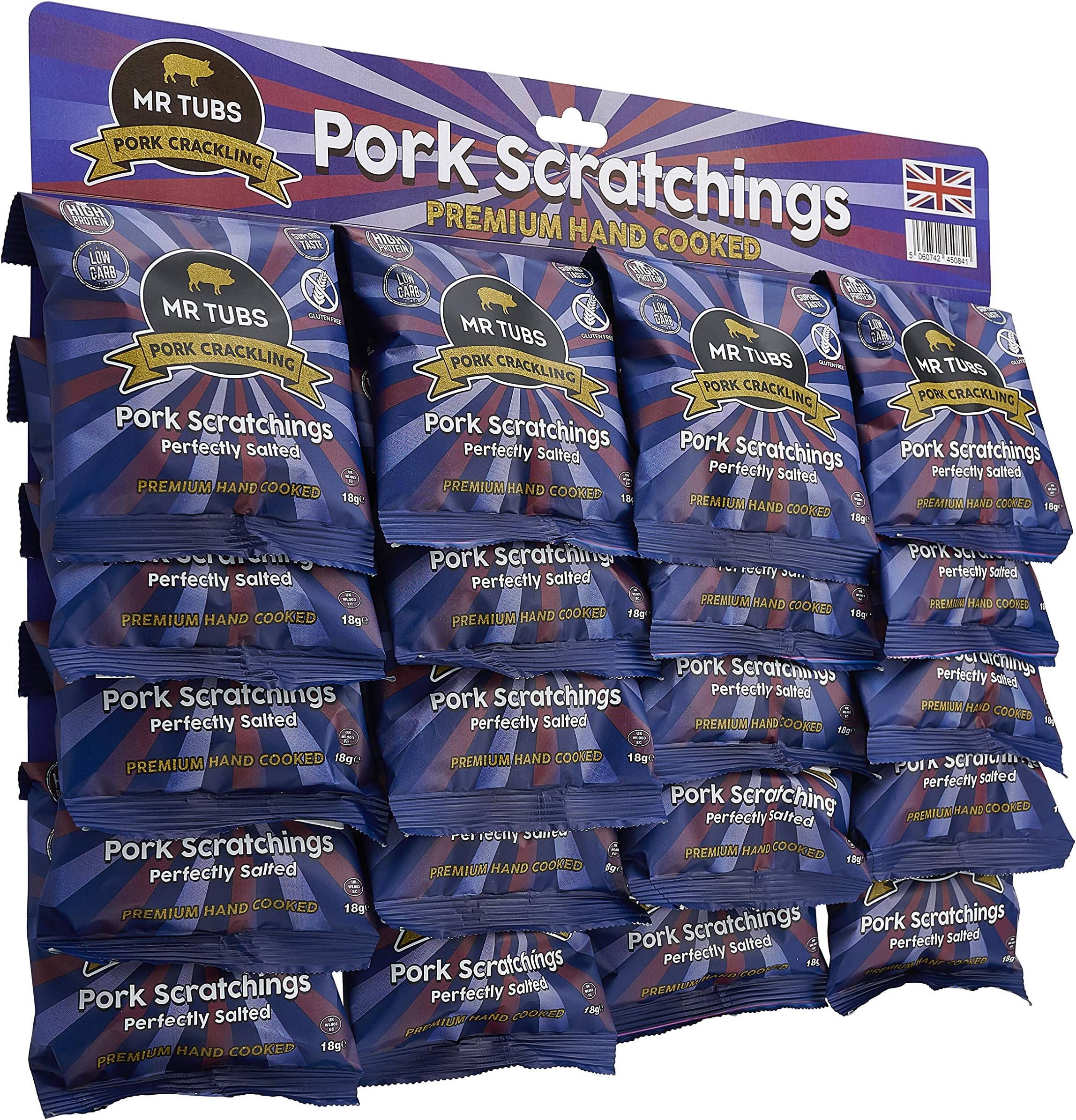 Mr Tubs Premium Pork Scratchings - Gluten Free - Perfectly Salted, 20 x 18g Bags - Pub Style, Low Carb, Keto & Paleo Friendly, Hand Cooked Pork Rind Crackling Snack