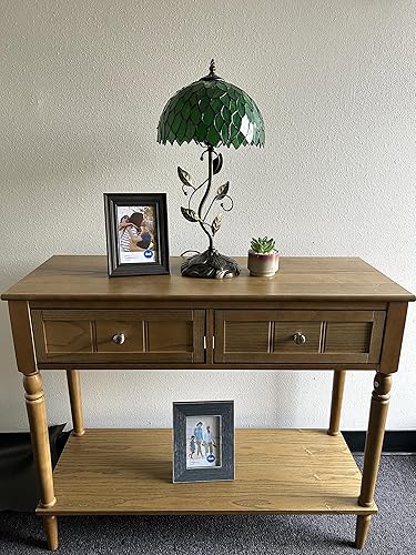 Miniatura 3 de Tiffany Lámpara de mesa con hojas verdes, vitral, hierro, hojas de metal, base de bronce, bombilla LED incluida para sala de estar, dormitorio,