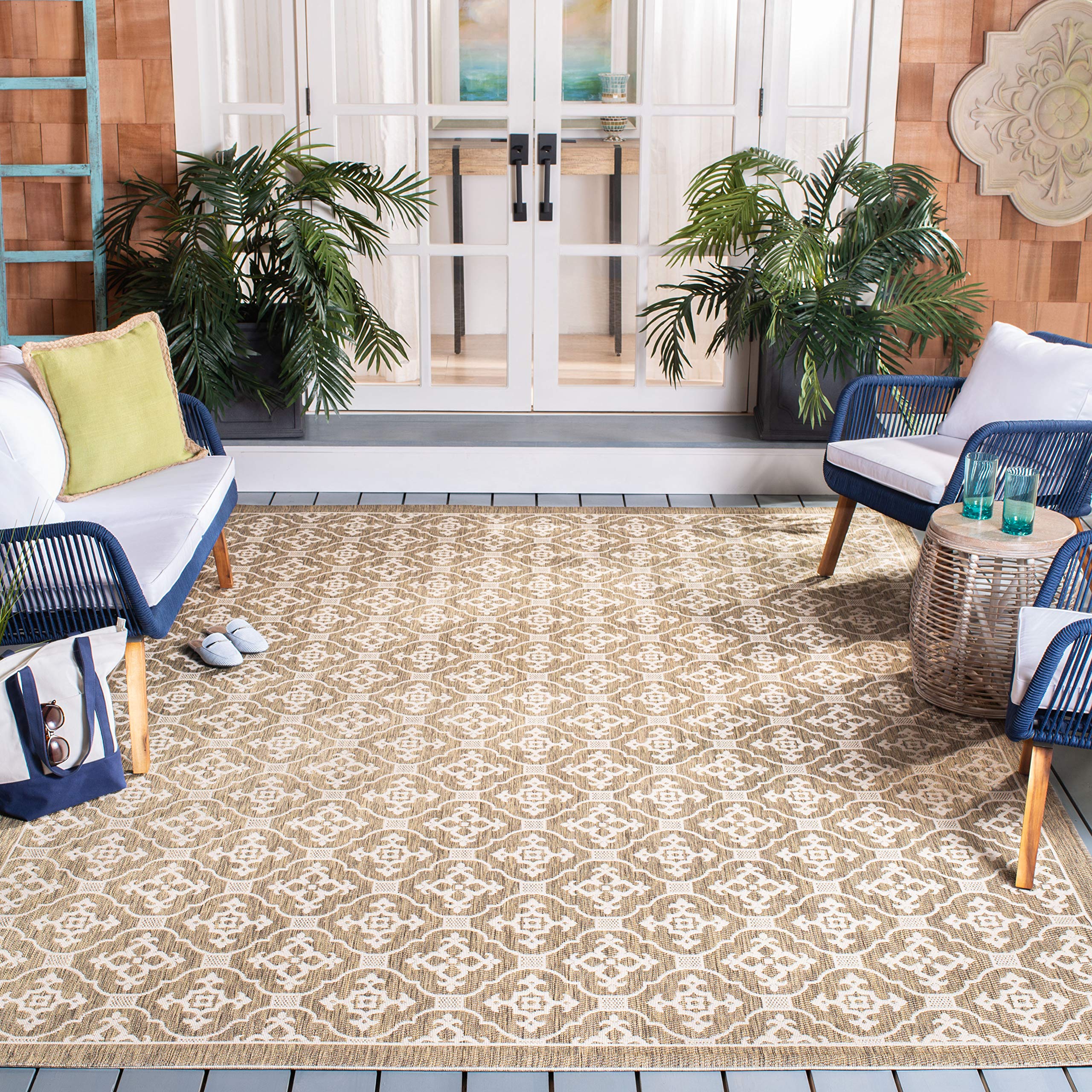 SAFAVIEH Courtyard Collection 6'7" x 9'6" Brown / Cream CY6564 Indoor/ Outdoor Waterproof Easy Cleaning Patio Backyard Mudroom Area Rug