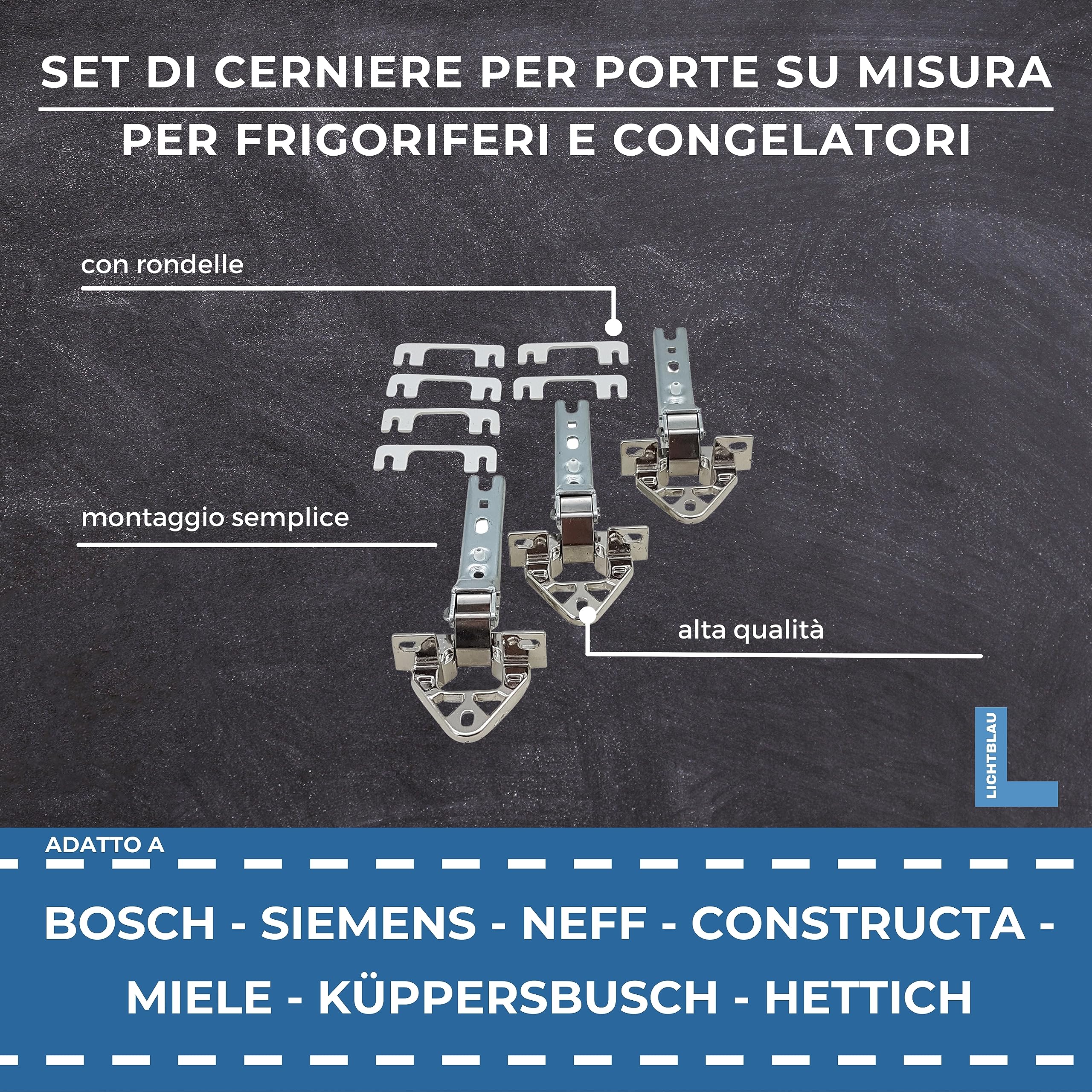 Lichtblau Set cerniere sportello frigo 3 pz. 268698, 00268698, 268699, 00268699 per Bosch, Siemens I Set cerniere sopra e sotto per sportello frigo