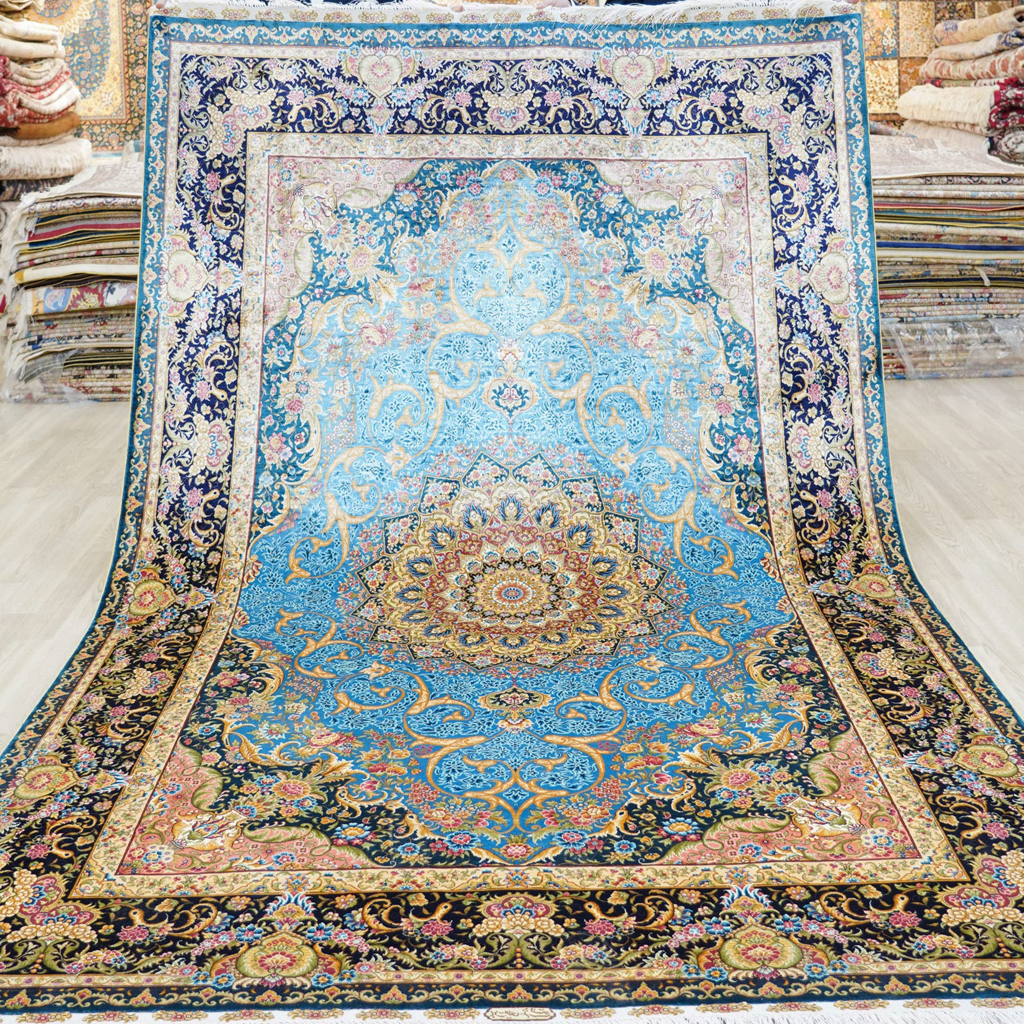 Yuchen Rug Silk Carpet 6x9 Green Hand Knotted Medallion Traditional Vintage Luxury Oriental Silk Area Rug for Living