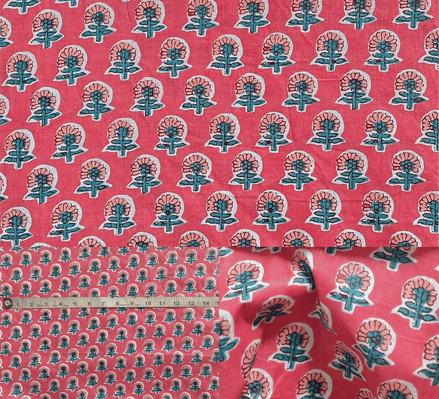 Indian Hand Block Print 60/60 Peach 100% Cotton Fabric by The Yard, Lightweight Floral Quilting & Sewing Fabric for Dressmaking, Upholstery & DIY Craft (TS-166 Peach, 5 Yard Pre Cut)