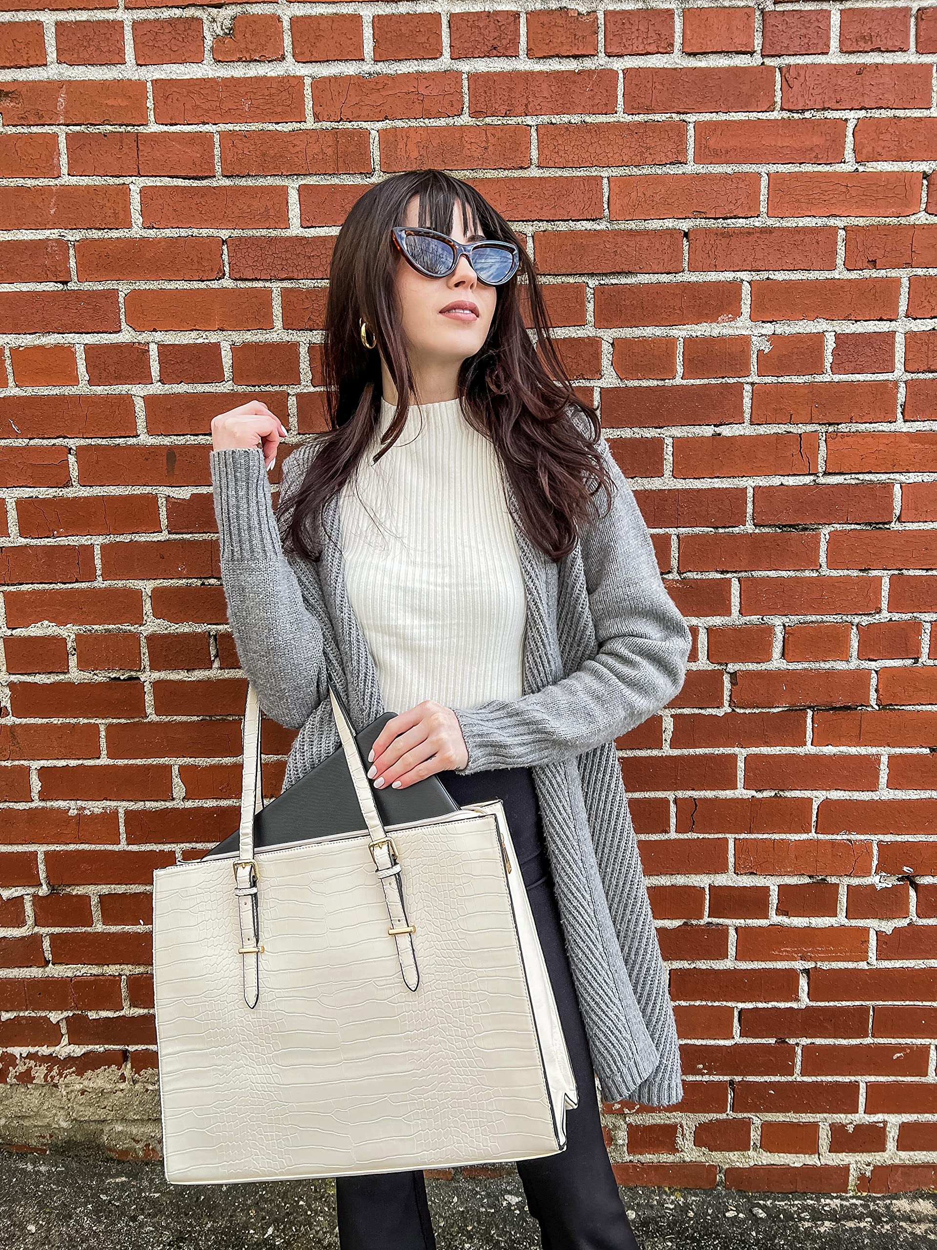 Amaze Professional Laptop Bags for Women 15.6 Inch Waterproof | PU Leather Large Capacity Tote Bag for Ladies | Designer Shoulder Briefcase for Work, Office & Business (Beige)