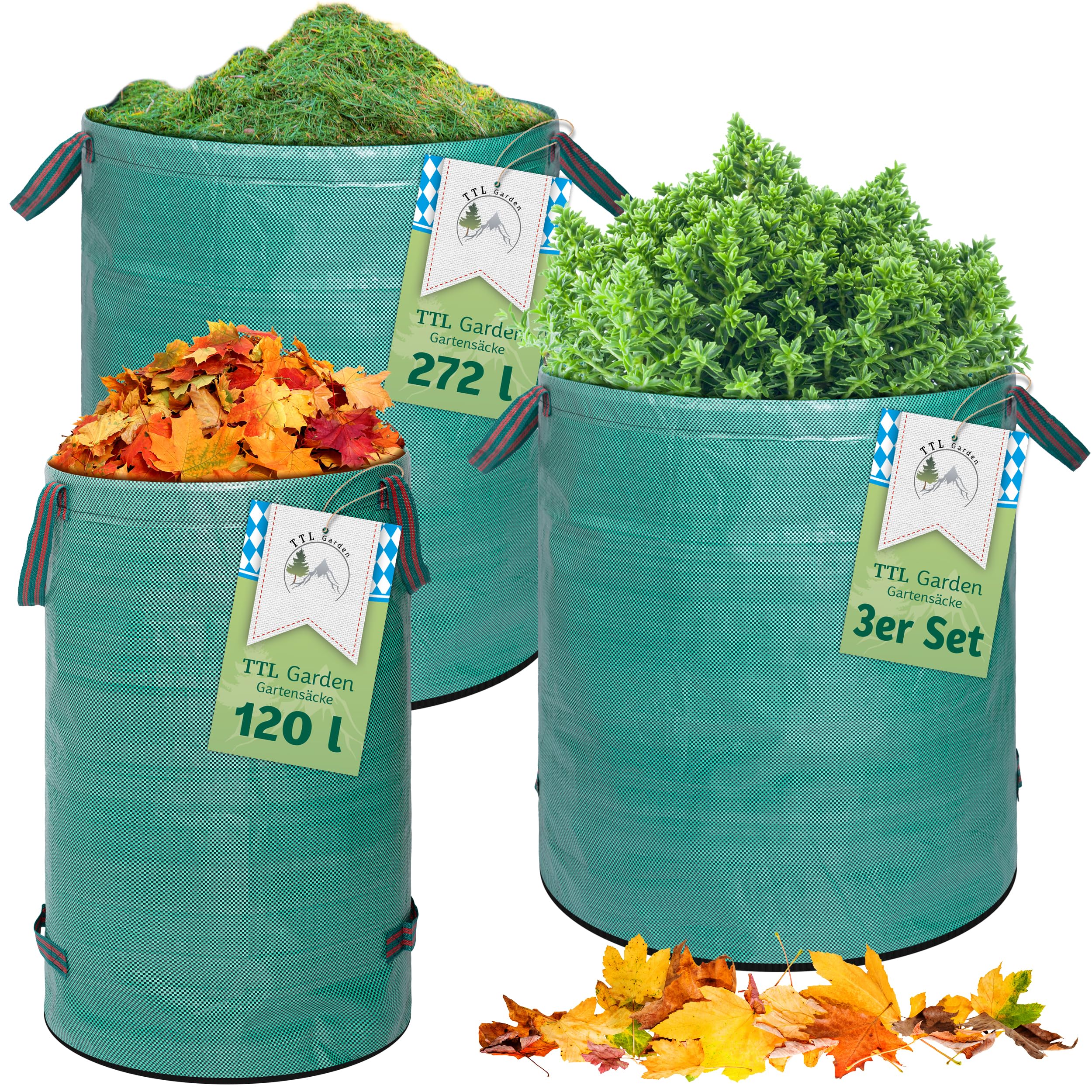 TTL GARDEN 3er Set 1x120L & 2x272L Gartensack - extra stabil selbststehend 4 Griffe 150gsm groß robust & faltbar - 3er Set Garten Sack Laubsack Abfallsack für Gras Laub Hecke Gartenabfall