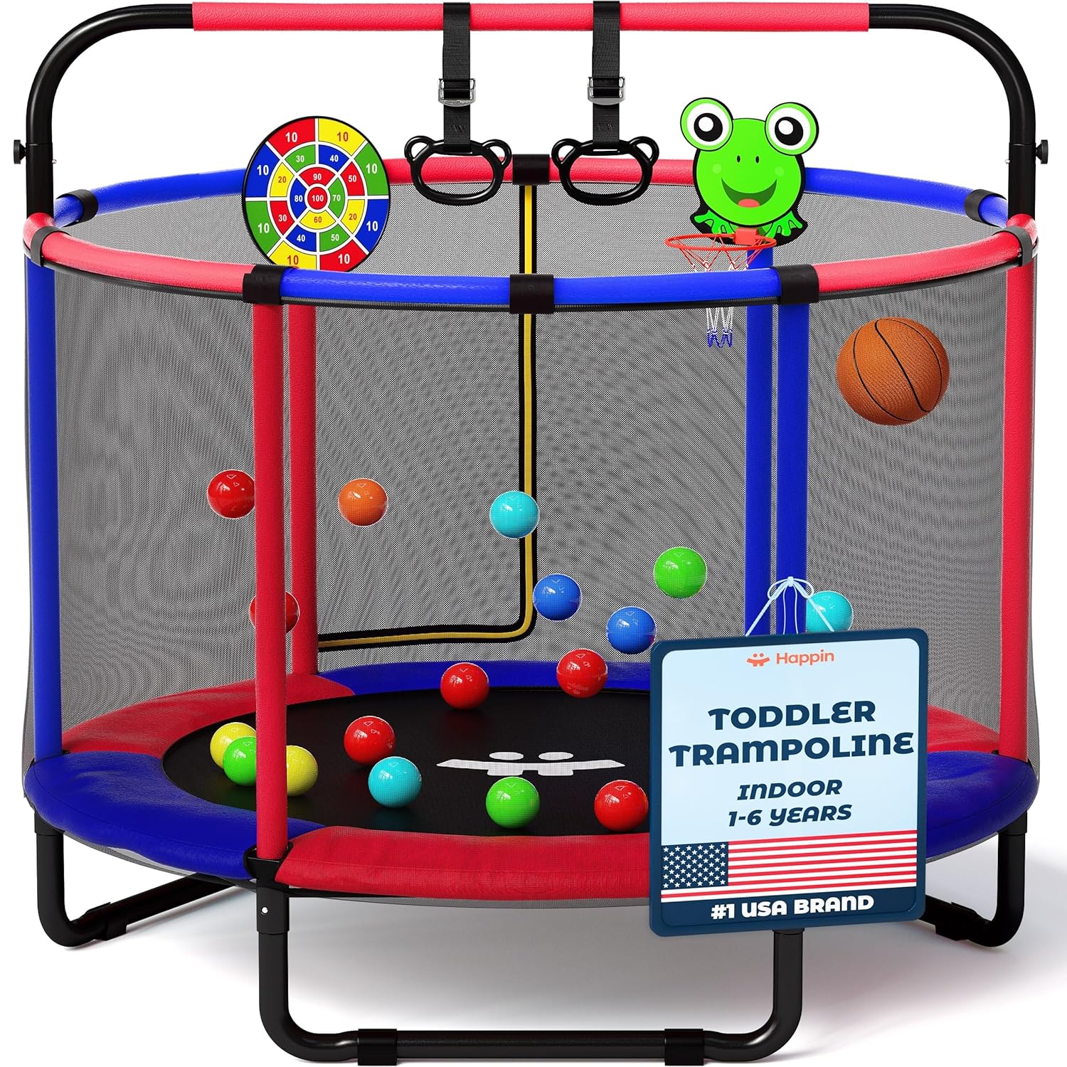 Happin® 55” Upgraded Toddler Trampoline with Adjustable Gymnastics Bar, Indoor & Outdoor with Safety Enclosure Net, Trampoline for Kids, Gift for Boys & Girls