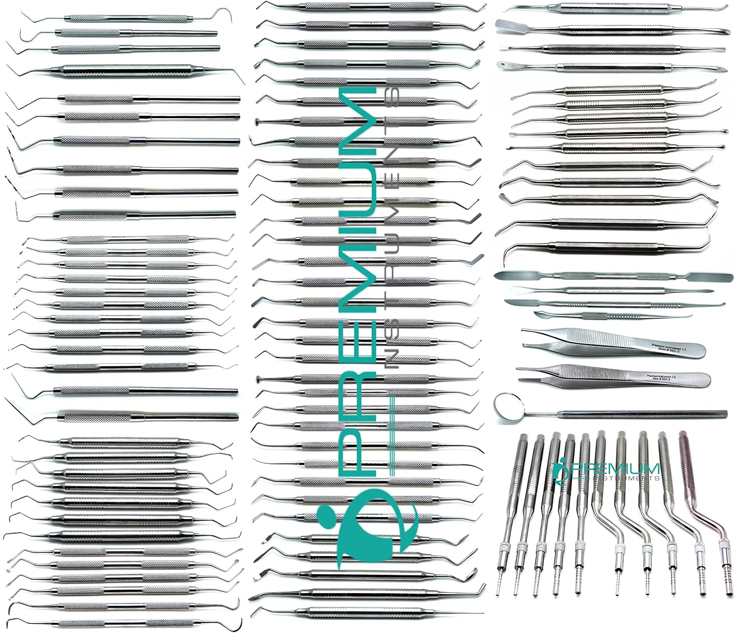 100 Pcs Full Dental Examination Explorers, Curettes, Osteotomes, Sinus Lift, Probes, Excavators, Scalers, Filling, Periosteals, Tweezers Instruments Set