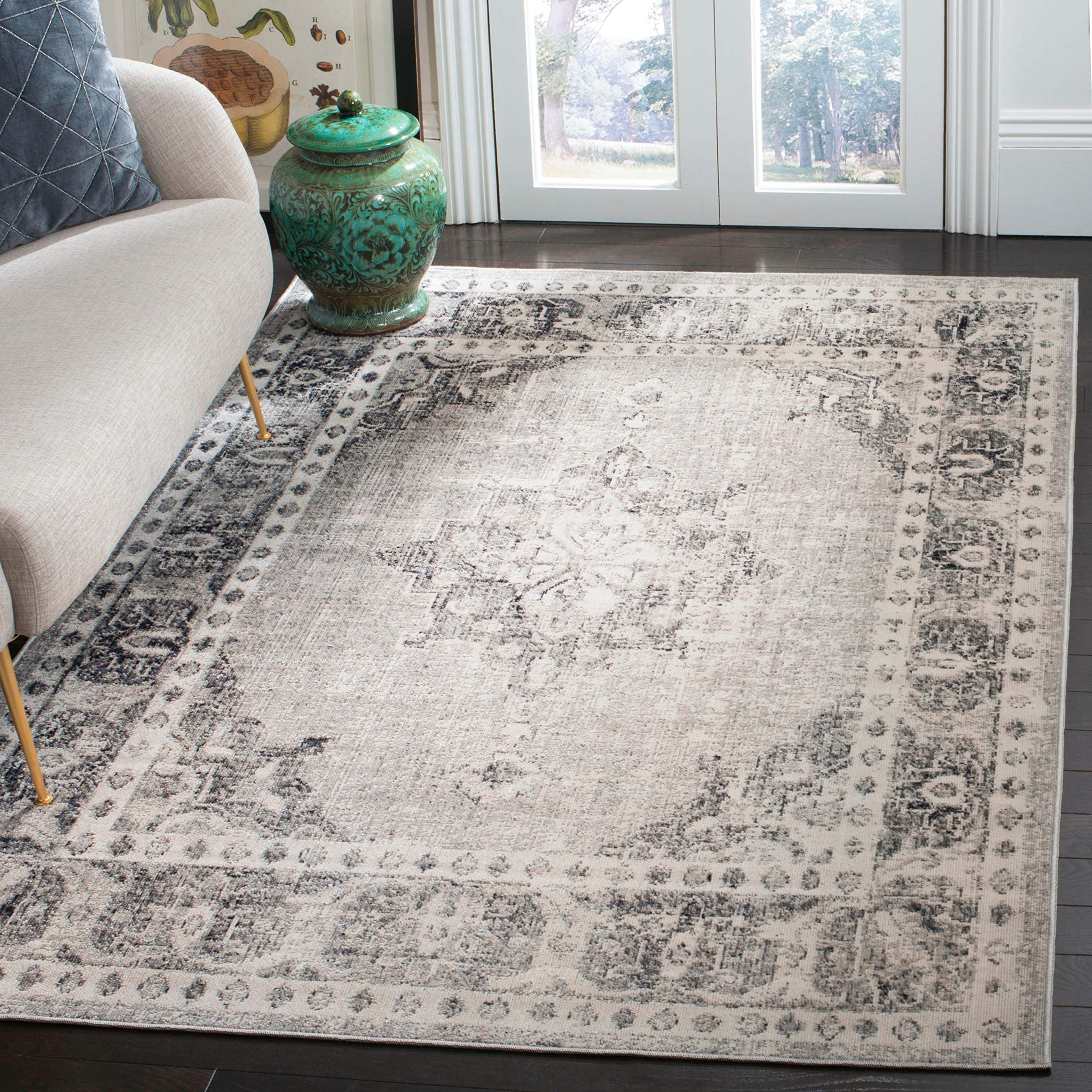 Safavieh Bright & Modern Indoor/Outdoor Woven Rectangle Area Rug, Montage Collection, MTG308, in Grey / Ivory, 91 X 152 cm for Garden, Patio or Any Outdoor Space