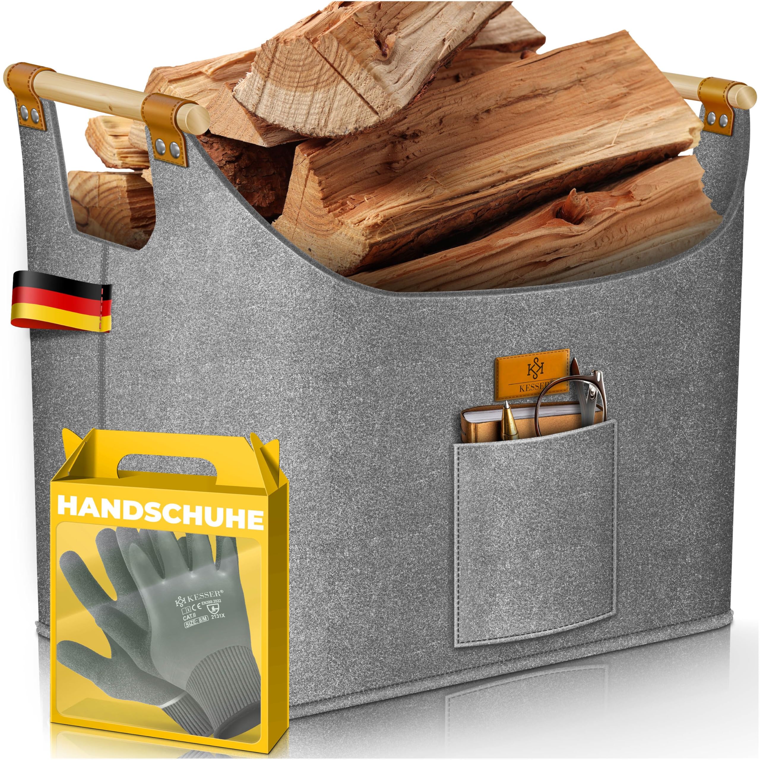 KESSER® Brennholzkorb 60 Liter | Kaminholztasche extra dicker Filz | Feuerholzkorb faltbar mit verstärkten Holzgriffen | Aufbewahrungskorb für Holz, Zeitung oder Brennholz | Inkl. Arbeitshandschuhen