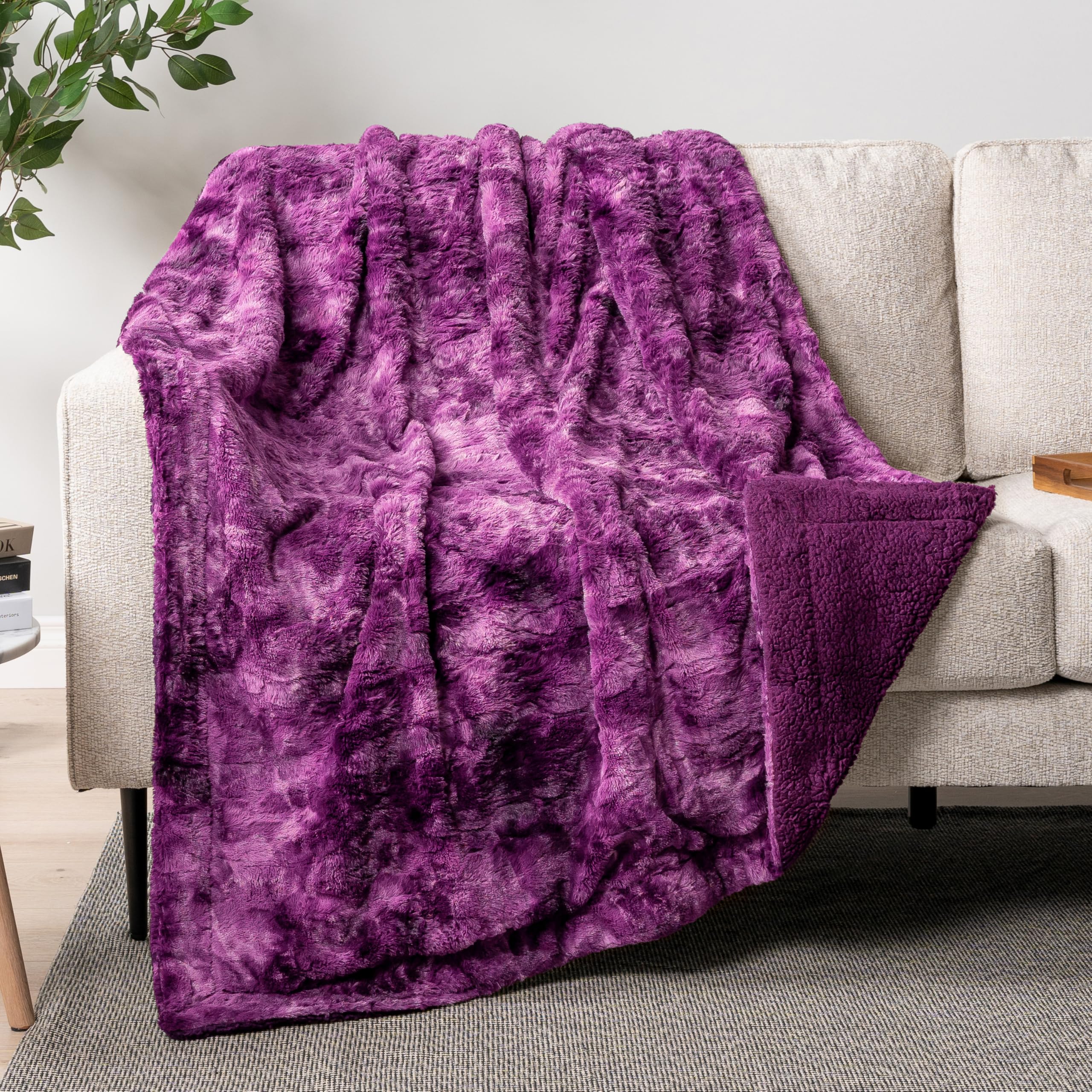 PAVILIA Faux Fur Throw Blanket Tie-Dye Purple, Soft Fuzzy Warm Sherpa Blankets & Throws for Bed, Fluffy Plush Thick Fleece Throw Blanket for Couch Sofa, Reversible Furry Shaggy Blanket, Purple 50x60