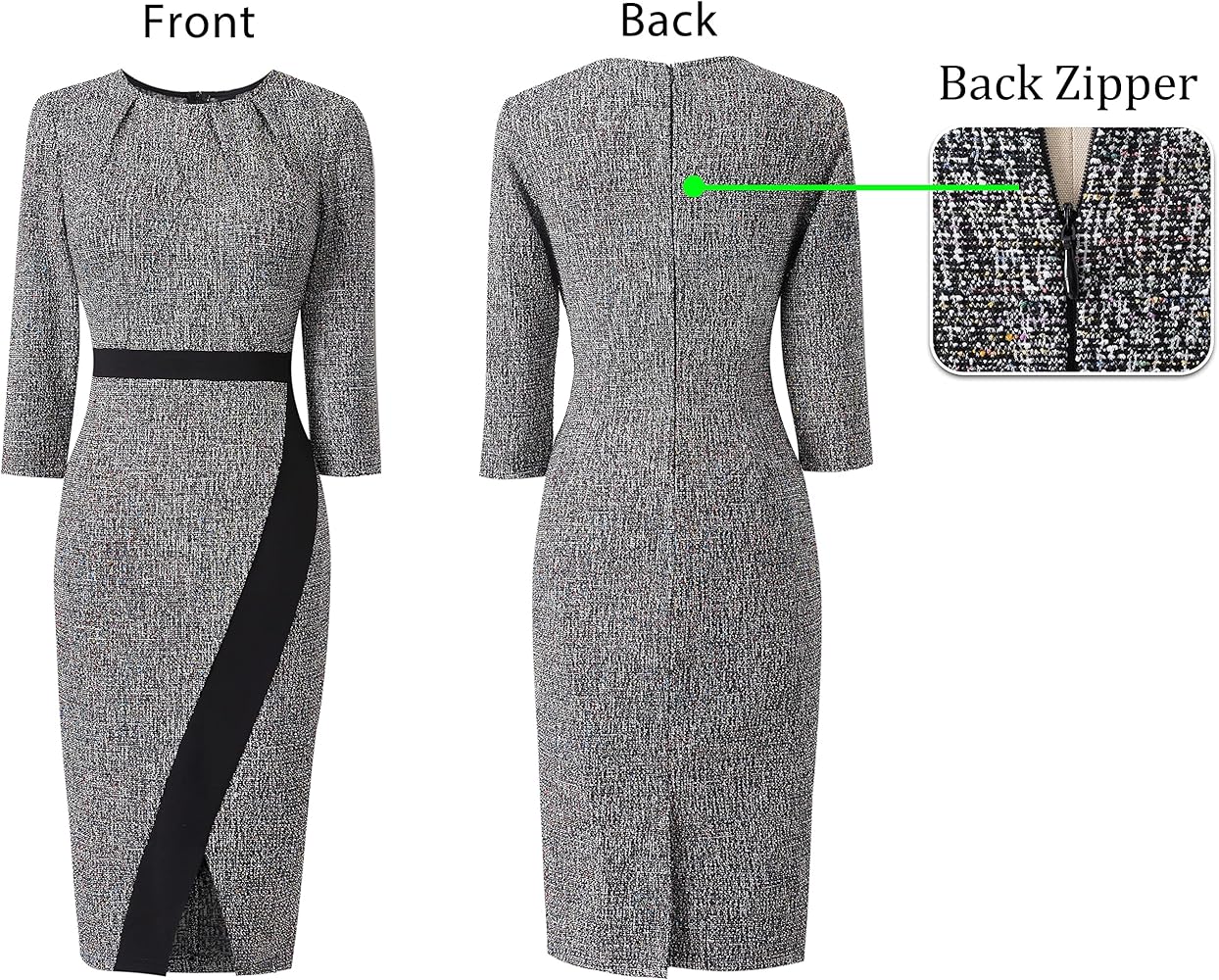 VFSHOW Womens Black Tweed Yarn-Dyed Pleated Neck Front Slit Work