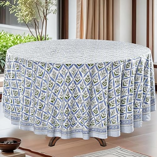 Ridhi Round Tablecloth Hand Block Print 100% Cotton Reusable Light Steel Blue 120 Inch Table Cover Decorative Everyday Use for Dining, Home, Party, Wedding, Farmhouse Gift for Spring, Mother's Day