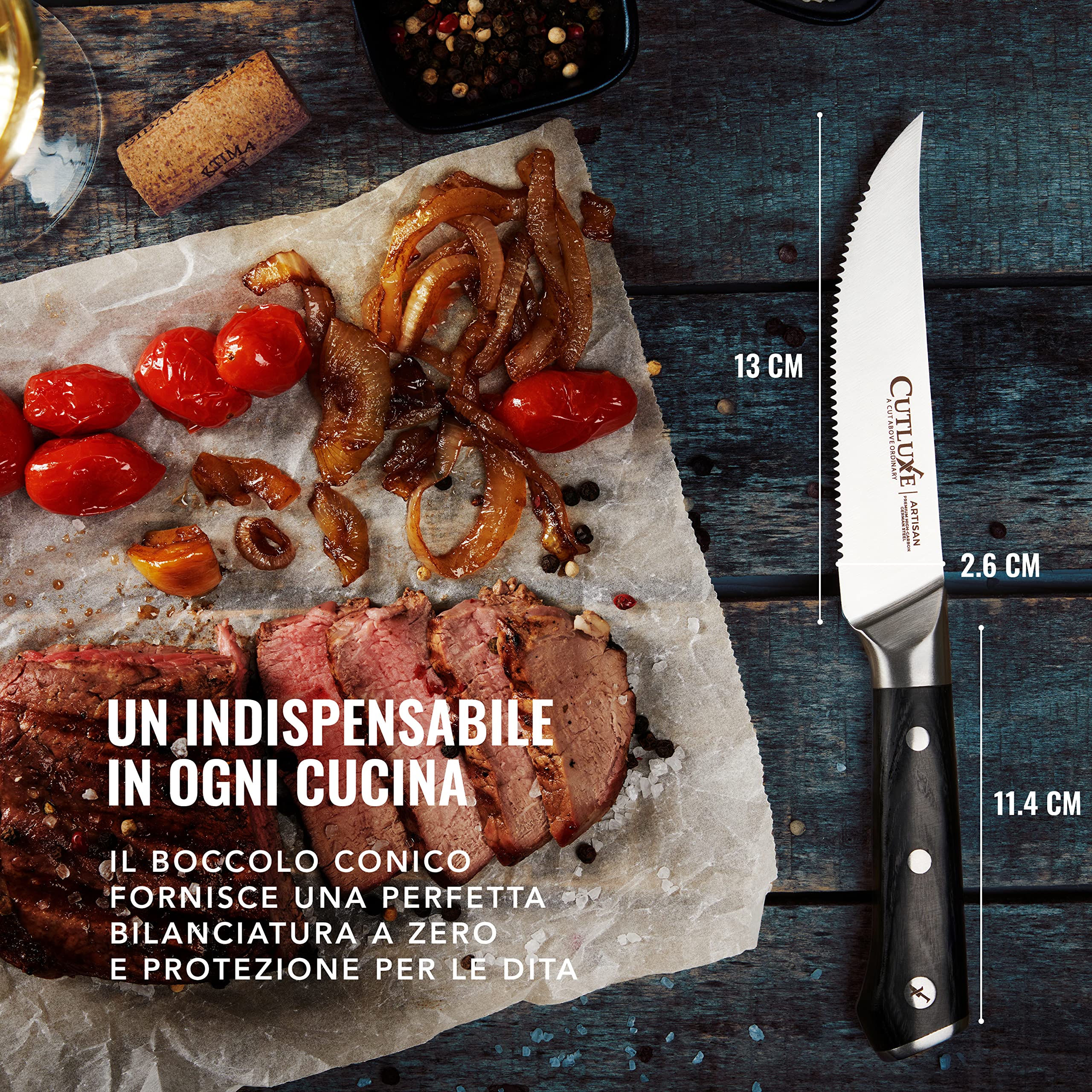 Cutluxe Set Coltelli Da Tavola – Coltelli da Bistecca Seghettati, 6 Pezzi – Coltelli Carne in Acciaio Tedesco al Carbonio, Lama Intera, Manico Ergonomico – Serie Artigianale