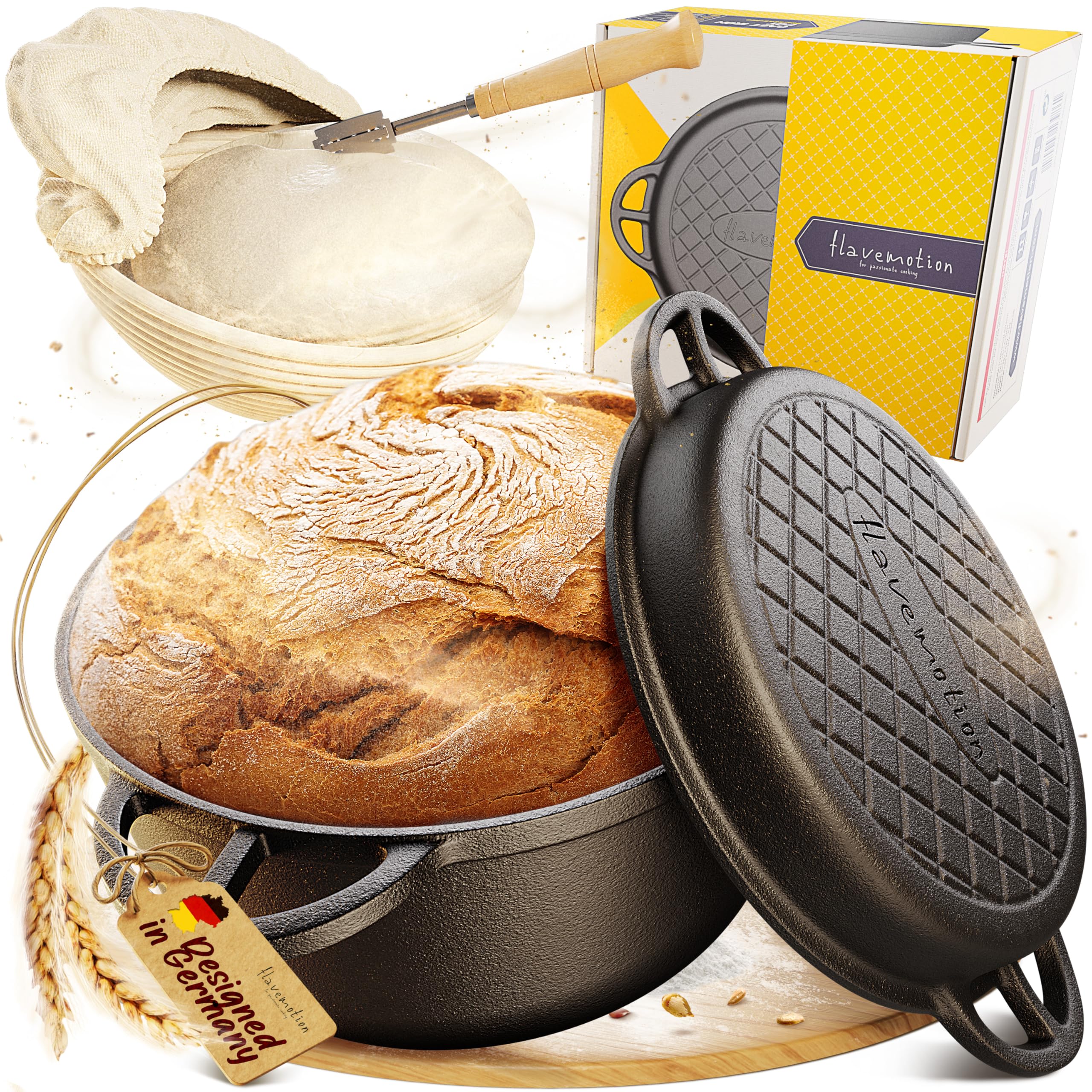 Flavemotion Gusseisen Topf Brot Backen mit Deckel & Gärkorb für Einsteiger