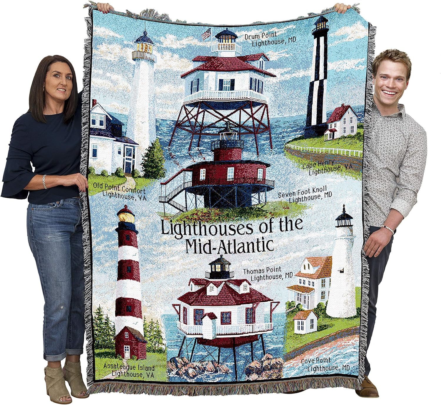 Lighthouses of the Mid-Atlantic Blanket - Old Point Drum Pt Seven Foot Cape Henry Assateague Thomas Point Cove Point - Coastal Ocean Gift Tapestry Throw Woven from Cotton - Made in the USA (72x54)