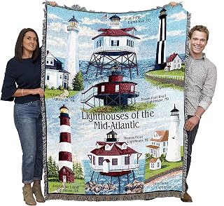 Lighthouses of the Mid-Atlantic Blanket - Old Point Drum Pt Seven Foot Cape Henry Assateague Thomas Point Cove Point - Coastal Ocean Gift Tapestry Throw Woven from Cotton - Made in the USA (72x54)