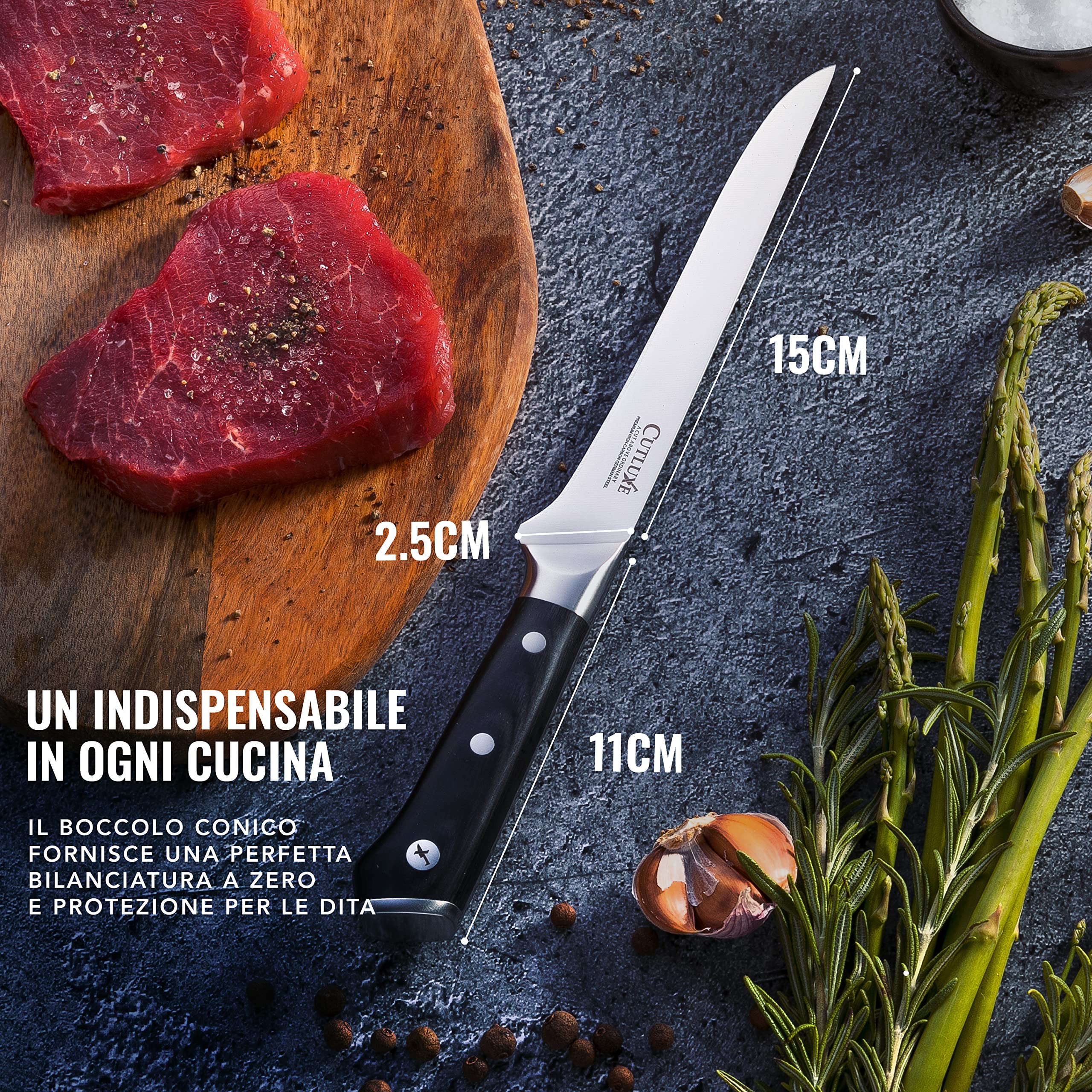Cutluxe Coltello da Disosso Professionale, 15cm, Coltello per Sfilettare Pesce e Carne, Acciaio al Carbonio, Lama Affilata e Resistente, Artisan Series
