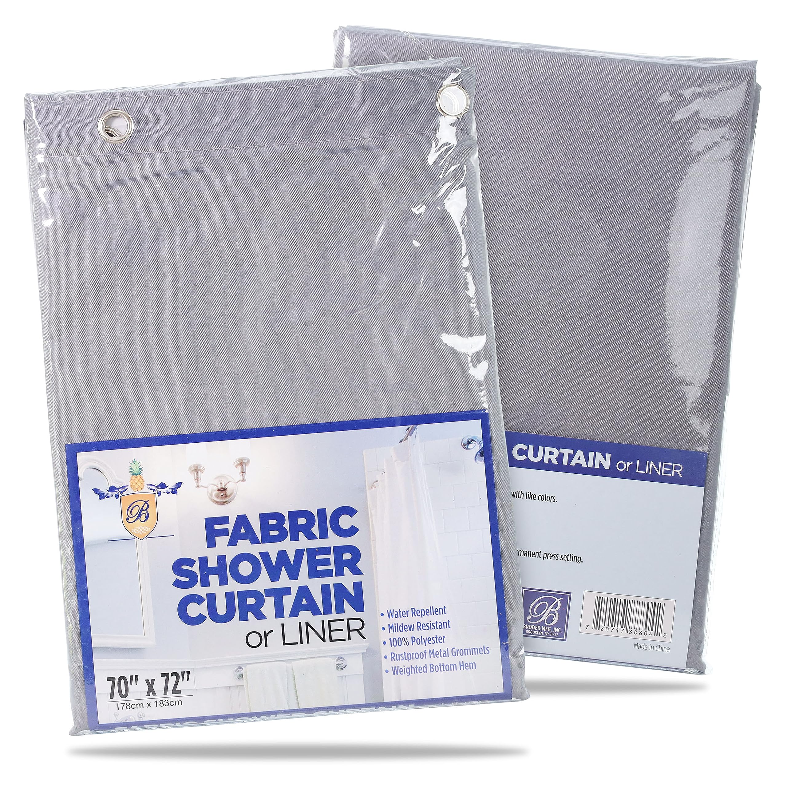 Broder MFG Fabric Shower Curtain Liner (Solid Gray) | 70" Wide x 72" Long - Fits Most Showers Tubs | Hotel Quality | Metal Grommet Holes and Weighted Hem | Easy to Clean and Machine Washable