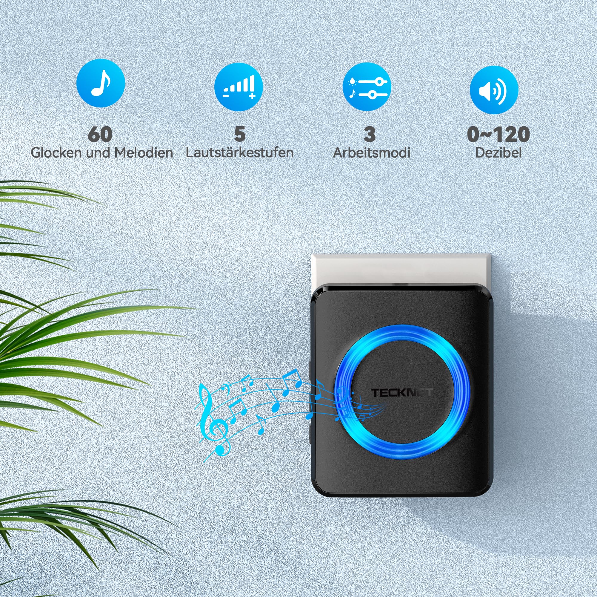 TECKNET Funkklingel, IP65 Funk klingel Set Aussen Wasserdicht, Kabellose Türklingel 600m Reichweite, Haustür Klingel 2 Sender 4 Plug-In-Empfänger, 60 Melodien Doorbell und Klingelknopf Mit LED-Blitz
