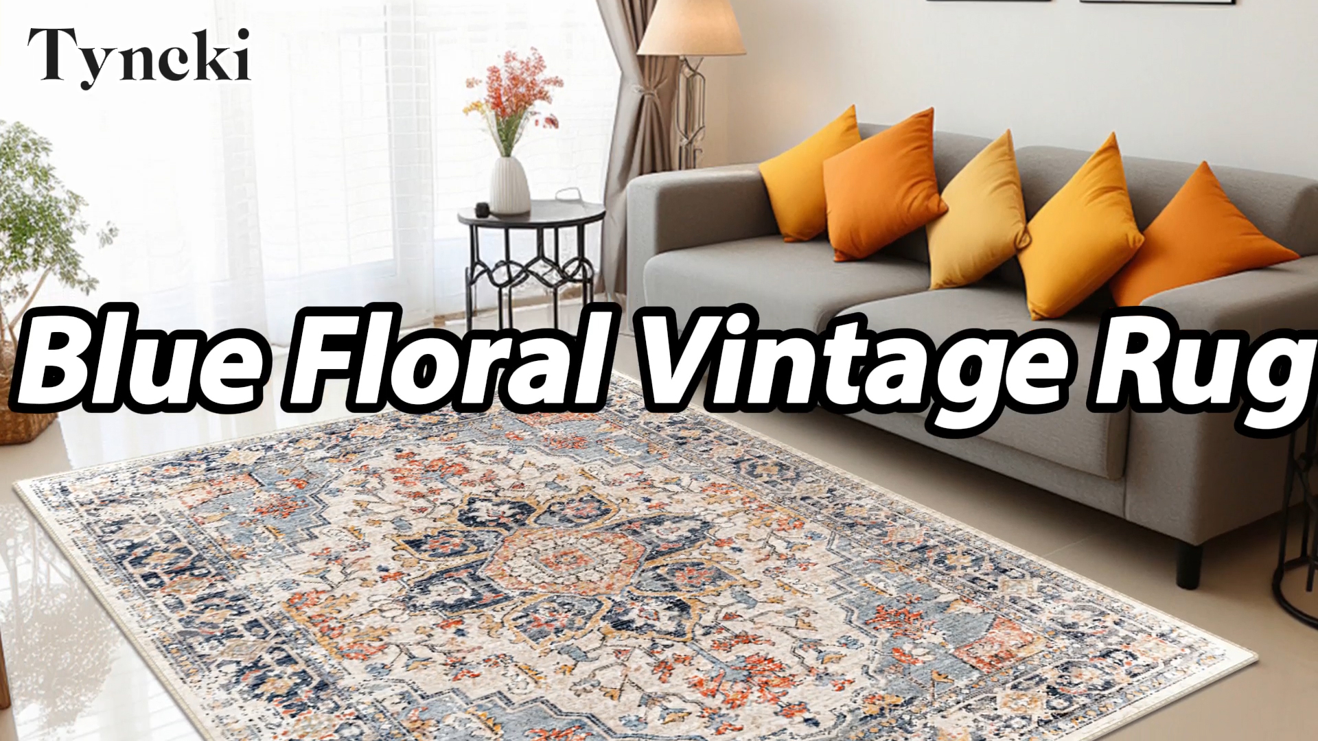 Tapete floral clásico antideslizante 213x152 cm azul miniatura 7