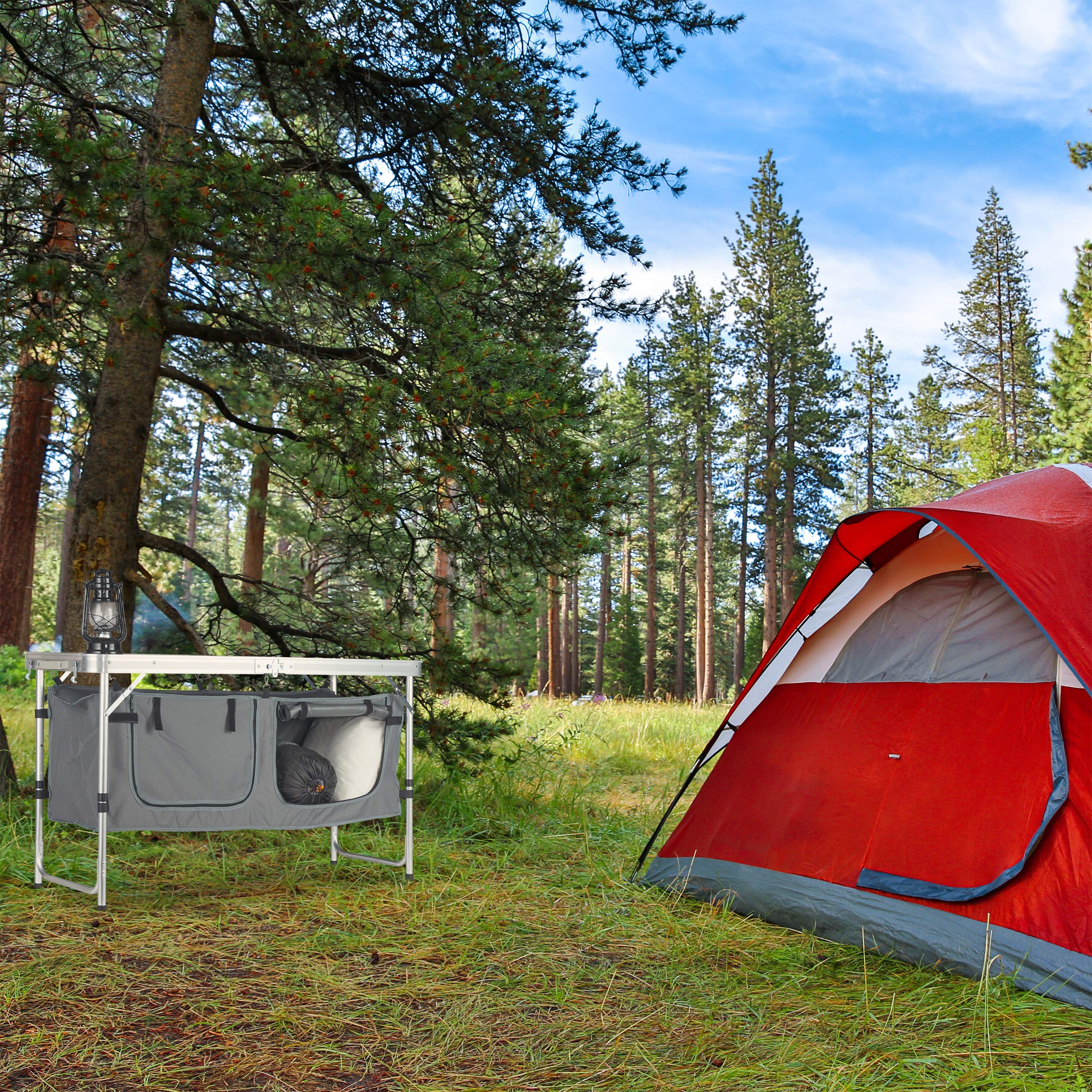Relaxdays Campingtisch klappbar, höhenverstellbar, stabil, Campingschrank, Aluminium & MDF, BxT 120 x 47 cm, Silber/weiß