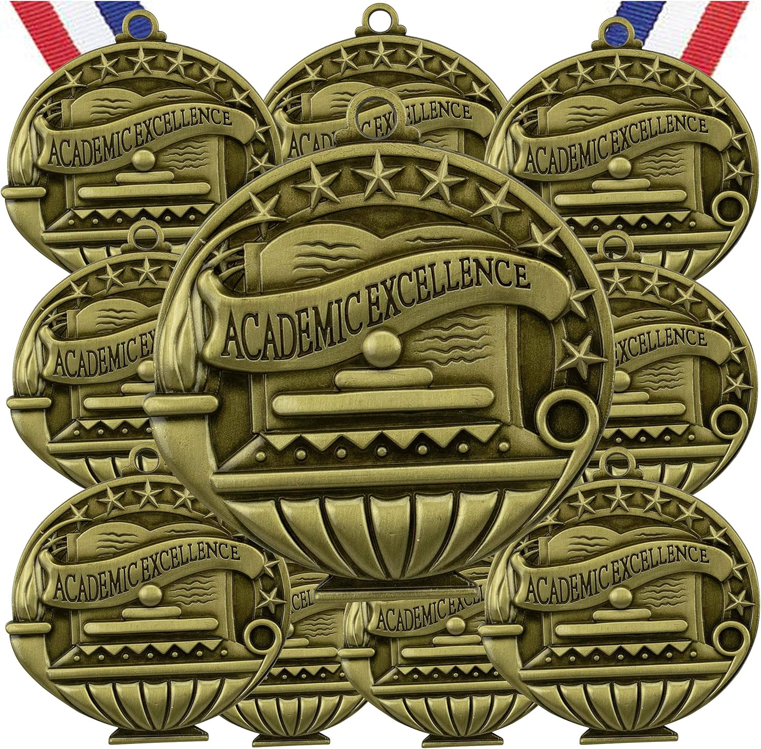 Express Medals Pack of 10 (or More) Engraved Scholastic Honor Roll Award Medals with RWB Neck Ribbons