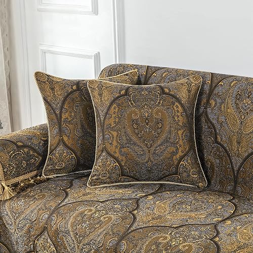 Miniatura 4 de Loom and Mill Funda de sofá jacquard de lujo, funda clásica antigua con borlas para sofá de 2 a 3 cojines, funda de sofá modular para perros, bronce