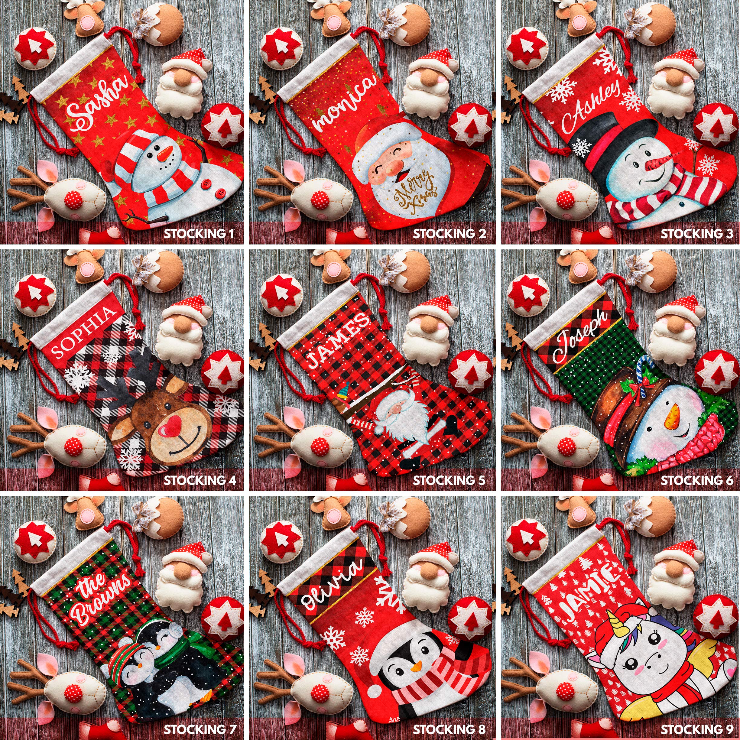 Set of 5, Personalized Christmas Stockings w/ 9 Patterns | 12 Font - 16 inches Custom Name Stockings, Reindeer, Penguin, Santa, Unicorn, Snowman, Fireplace, Gift for Family