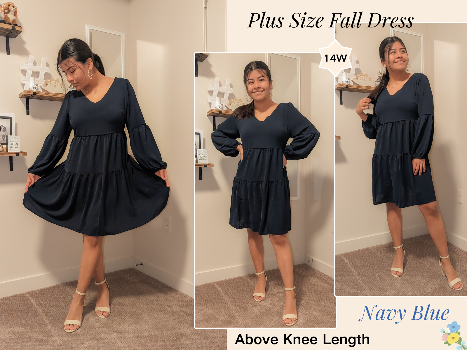 Pinup Fashion Tunic Dress Women Plus Size Black Long Sleeve Babydoll Shift V Neck Cute Casual Fall Loose Flowy Swing Ruffle Dresses