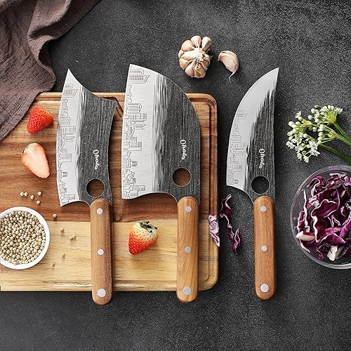 Miniatura 7 de OHOLA - Juego de 3 cuchillos de carnicero de acero inoxidable con mango de madera, cuchillo de chef serbio de 7 pulgadas, cuchillo de carnicero de 7
