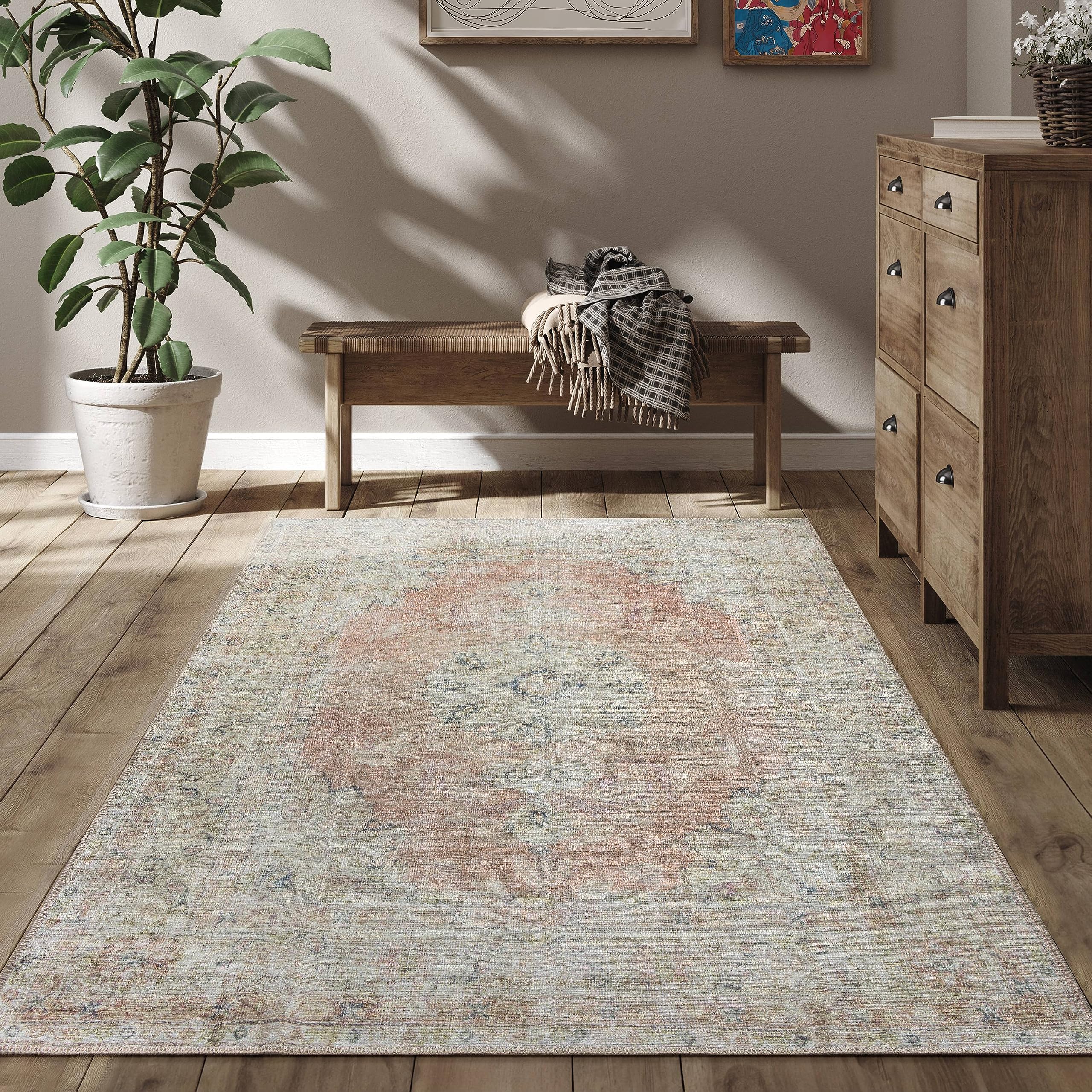 RugOver Machine Washable Area Rug, Pet-Friendly and Non-Slip Indoor Carpet for Kitchen, Bathroom, Living Room, Home Floor Decoration(Flesh/Oatmeal, 3' x 5')