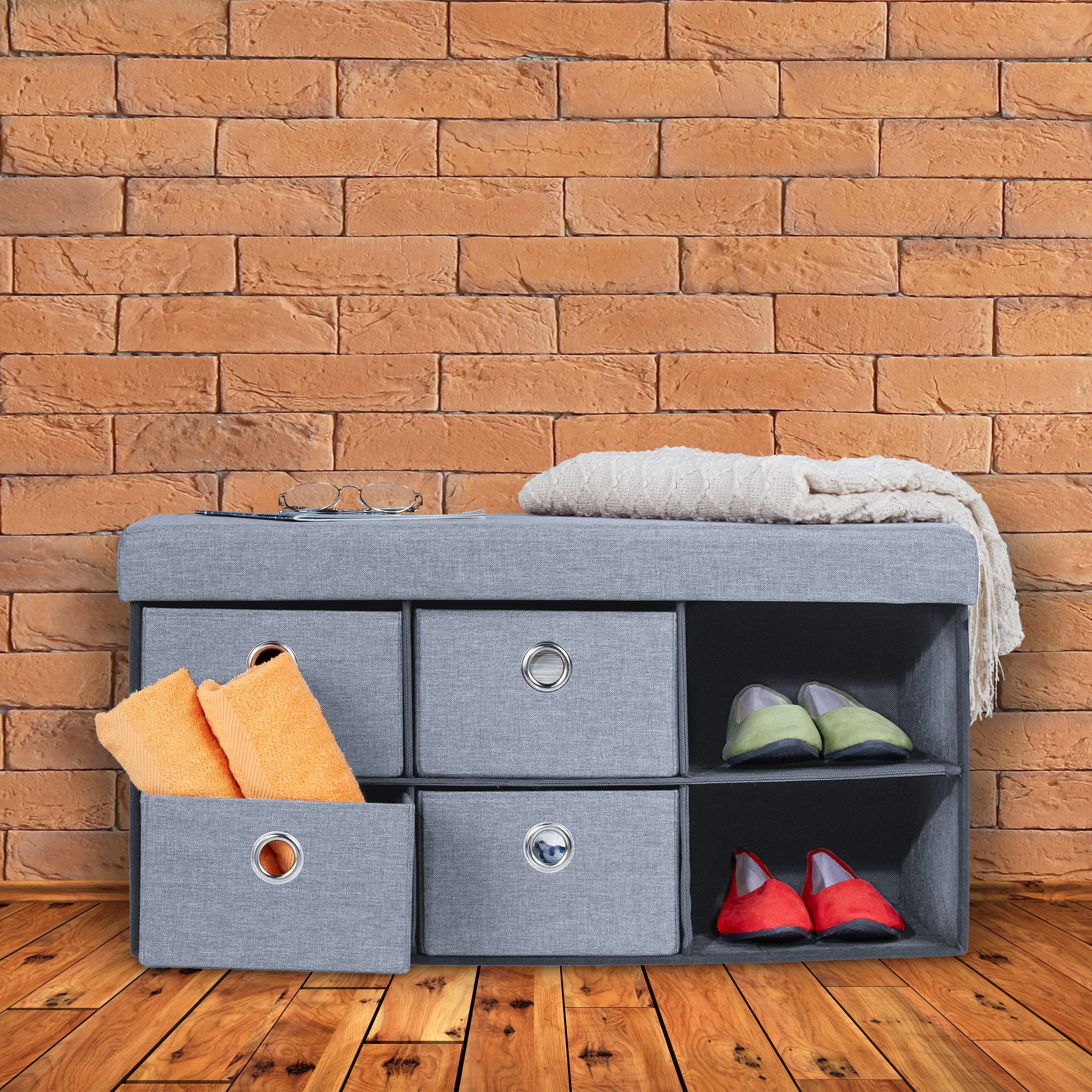 Relaxdays Panca Contenitore con 6 Cassetti, Pieghevole, Ingresso o Camera Letto, HLP: 39x76x38 cm, Porta Giochi, Grigio