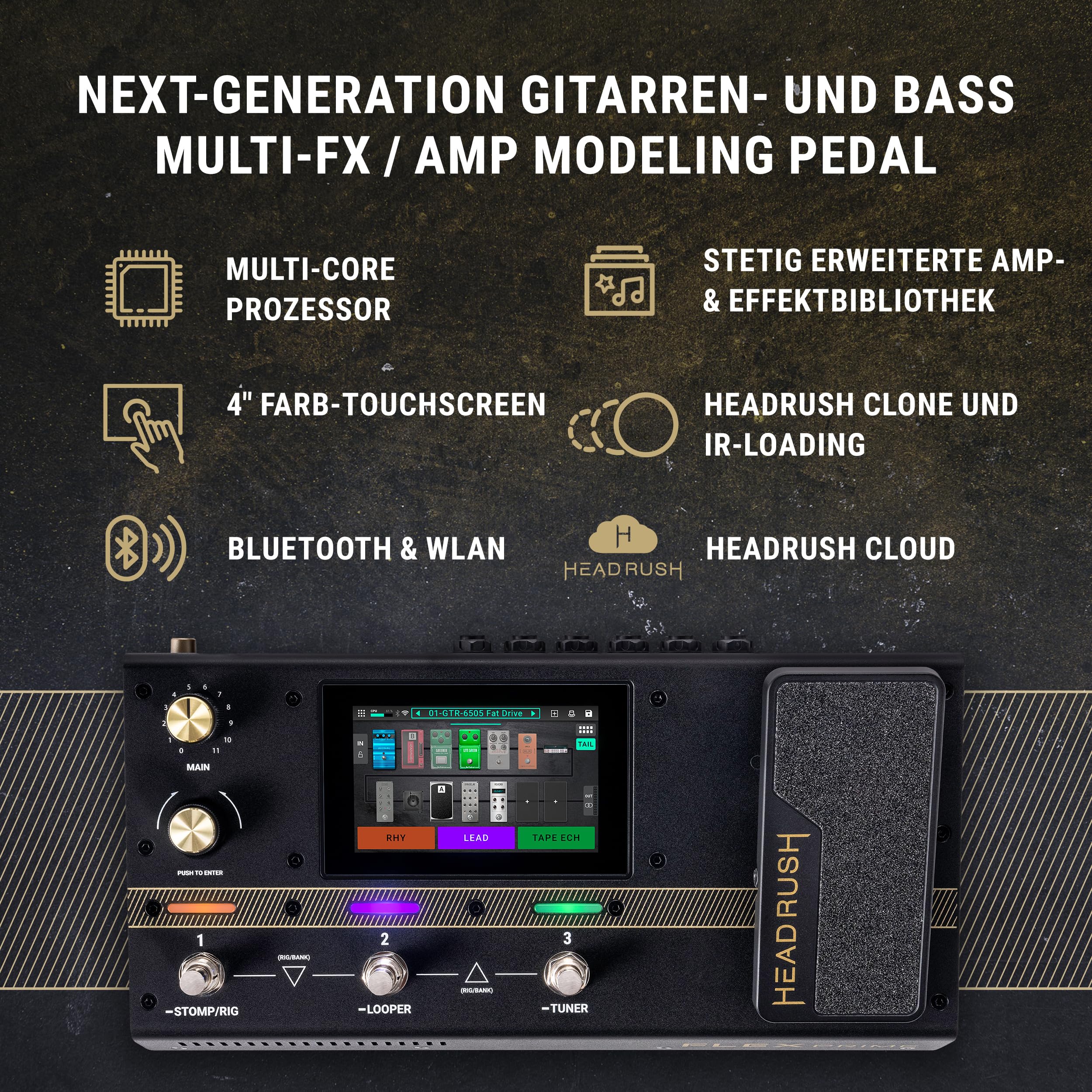 HeadRush Flex Prime Gitarre und Bass Multi-Effekt Pedal und Amp Modeling Prozessor mit Touchscreen, Looper, WLAN, Bluetooth, IR Loader, USB, Lektionen