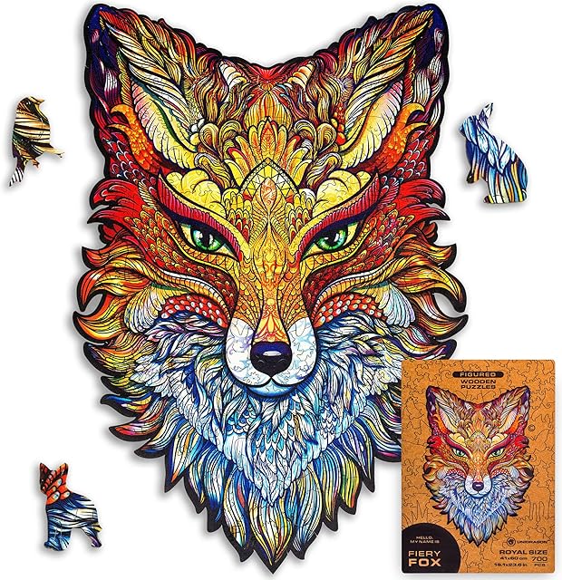 UNIDRAGON Original Wooden Jigsaw Puzzle - Fiery Fox, 700 pcs, Royal Size 16.1"x23.6", Unique Animal Shaped Puzzle Box, Birthday Gift Idea for Kids, Adults, Girls, Boys, Family Game and Hobby