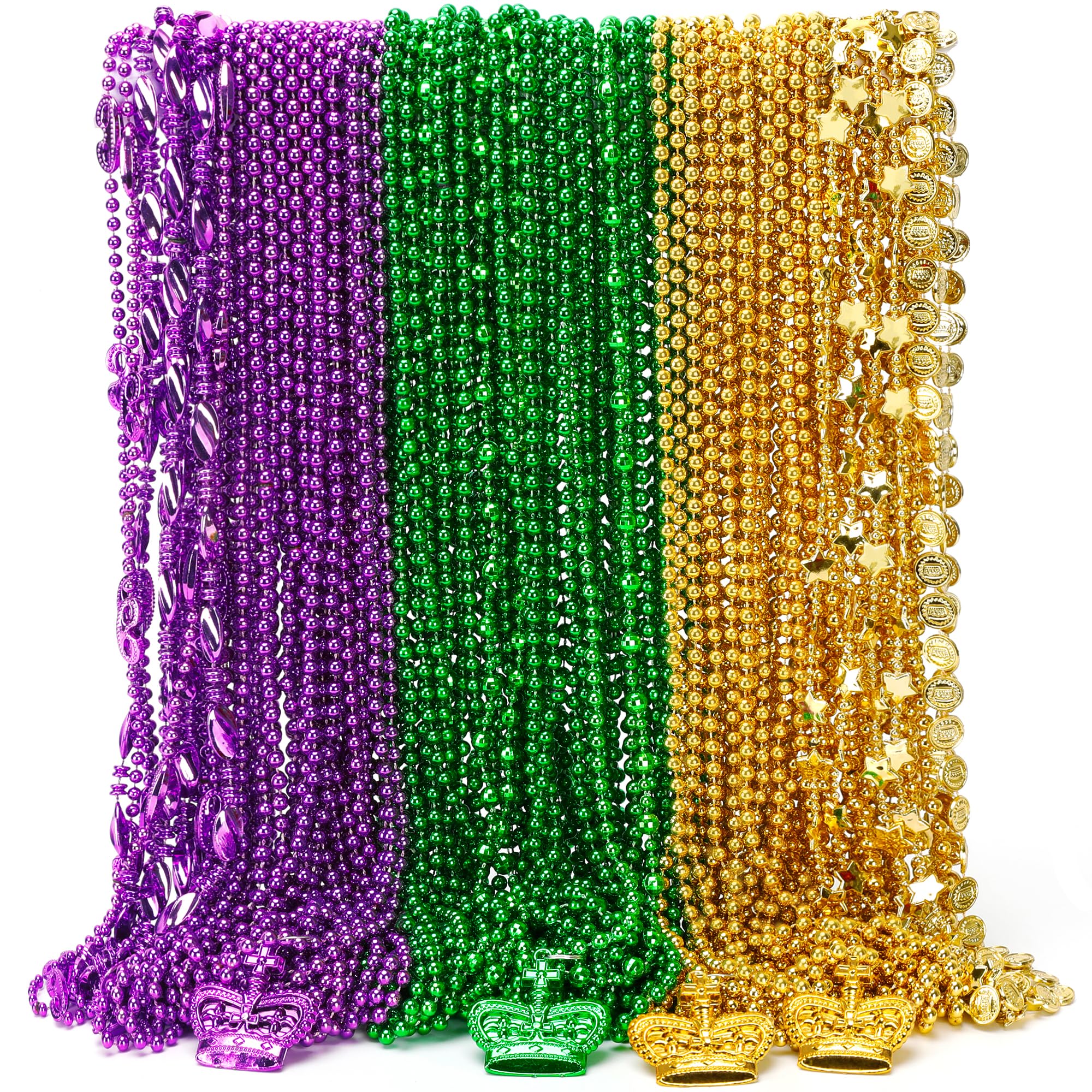 100PCS Mardi Gras Accessories, 11 Kinds Mardi Gras Beads Coins Mask Shape Necklace, Metallic Green Purple Gold Beads Parade Throw Costumes, Festival Carnivals Celebration Events Party Throws Supplies