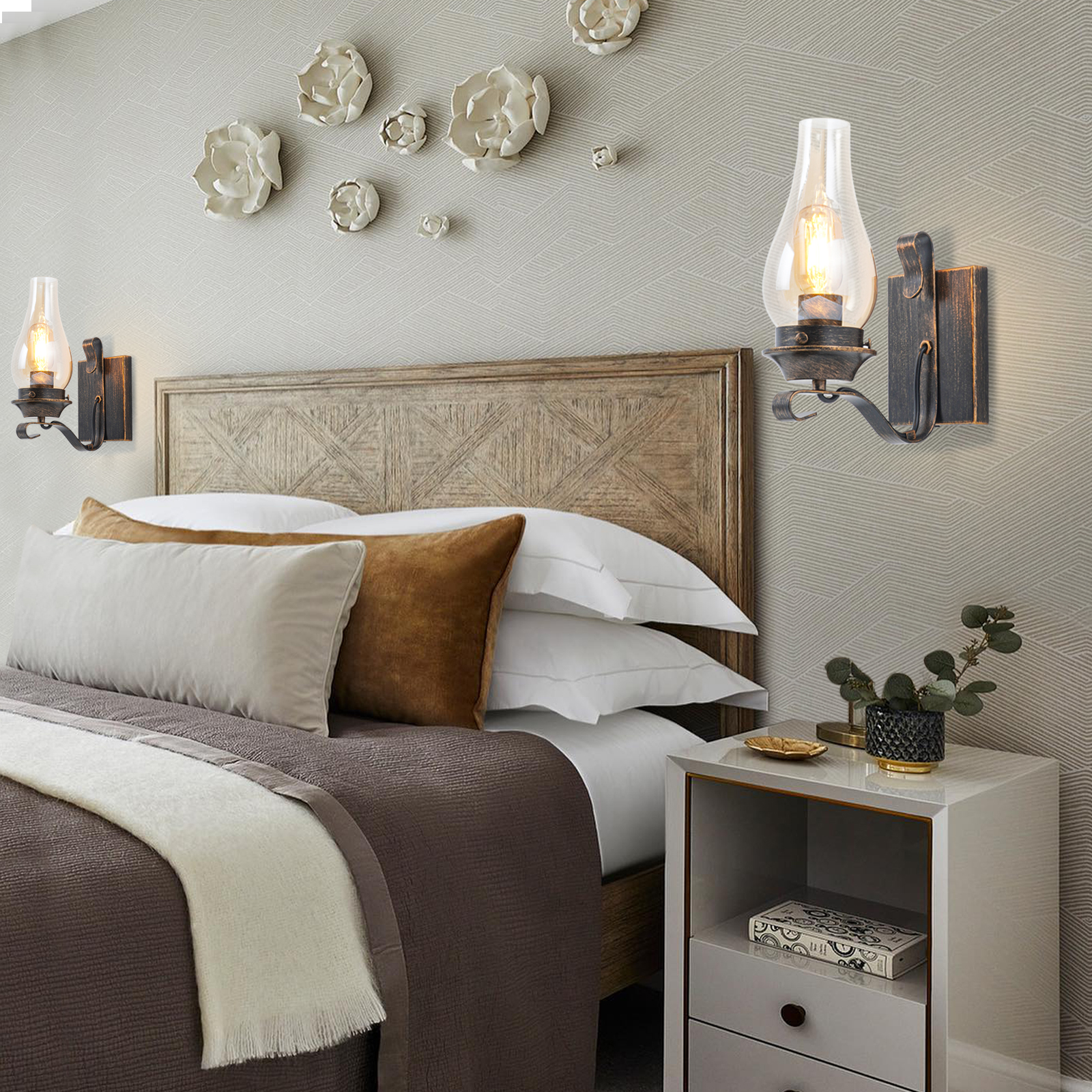 Image of Yisuro Hardwired Wall Sconce,Oil Rubbed Bronze Hardwired Wall Sconce Indoor, Retro Rustic Wall Lamps with Amber Glass,Vintage Bedside Sconces Wall Lighting for Living Room Bathroom