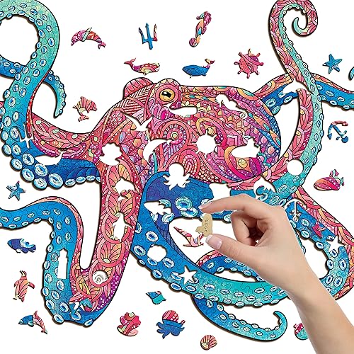 Miniatura 3 de Rompecabezas de madera de pulpo de 250 piezas, juego de desafío para adultos de 16 x 11.7 pulgadas, forma única de GEMTURT PUZZLE