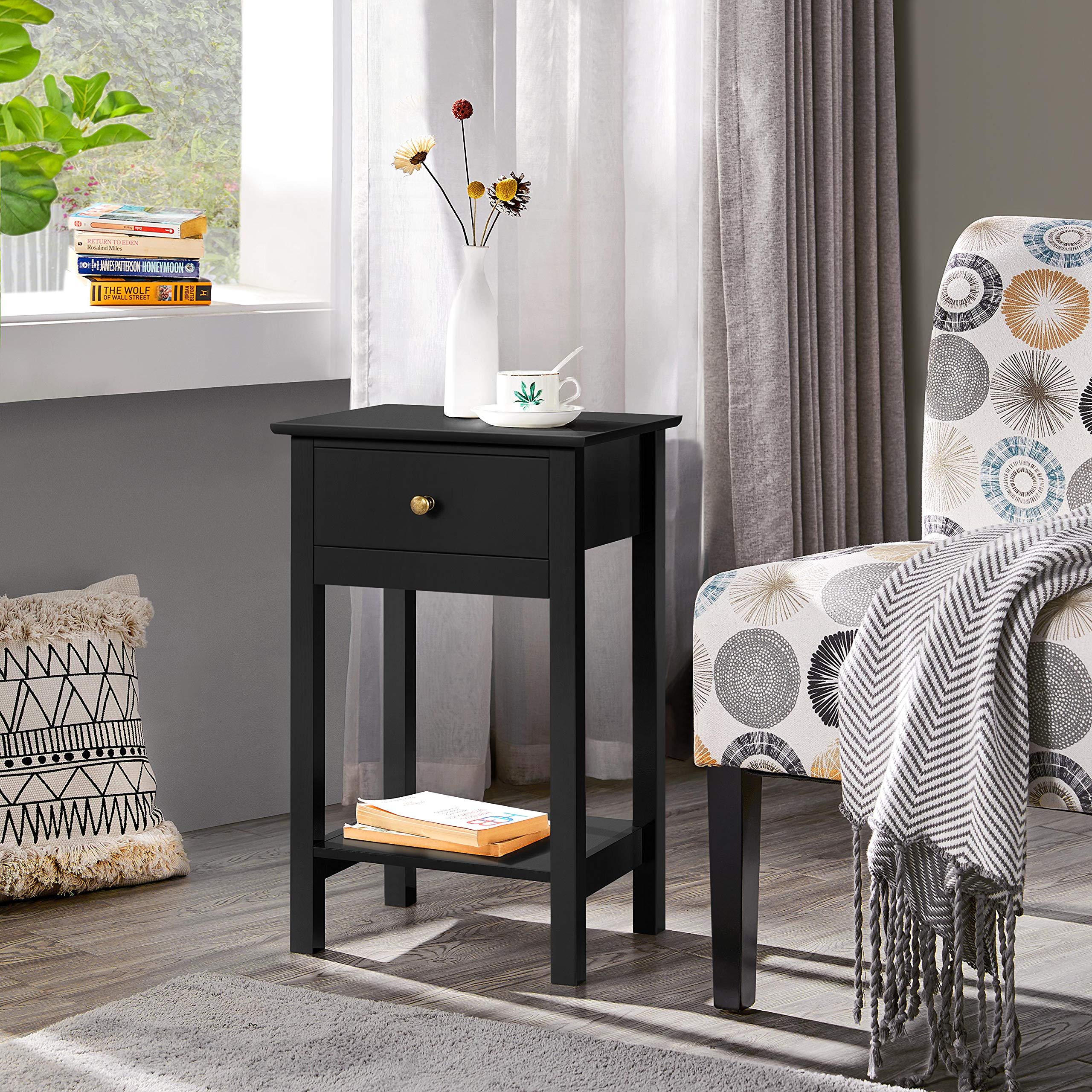 Yaheetech Set 2 Comodini Camera da Letto Tavolino con Cassetto Tavolini Laterale da Divano Tavolini d'Appoggio Moderni in Legno MDF Comodino da Letto Salotto 40 x 30 x 61 cm Nero