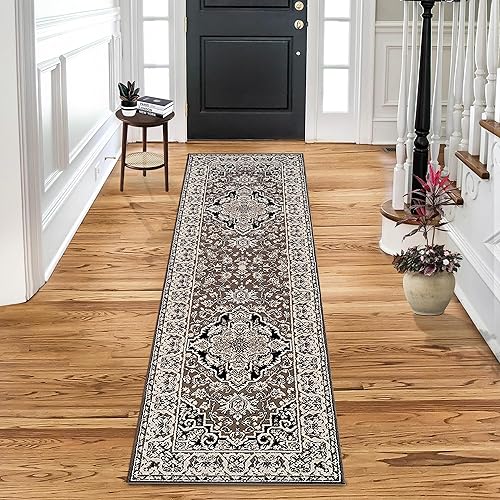 Superior Alfombra de pasillo de interior, cubierta de alfombra de felpa, medallón oriental tradicional, perfecta para pasillo, entrada, sala de