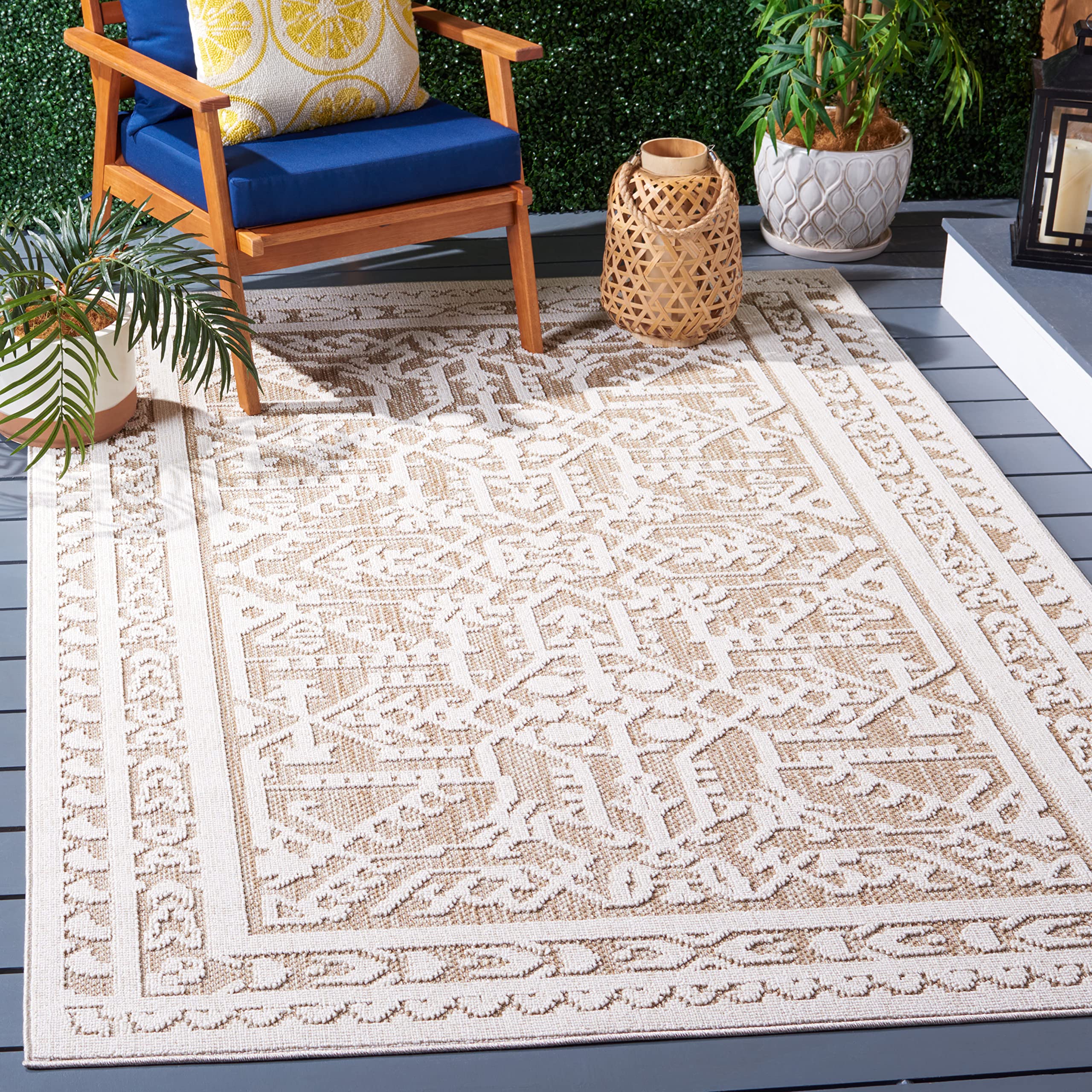 SAFAVIEH Washable Rug Outdoor Global Collection - 5'3" x 7'6", Beige & Light Beige, Non-Shedding & Easy to Clean, Ideal for Patio, Backyard, Mudroom (
