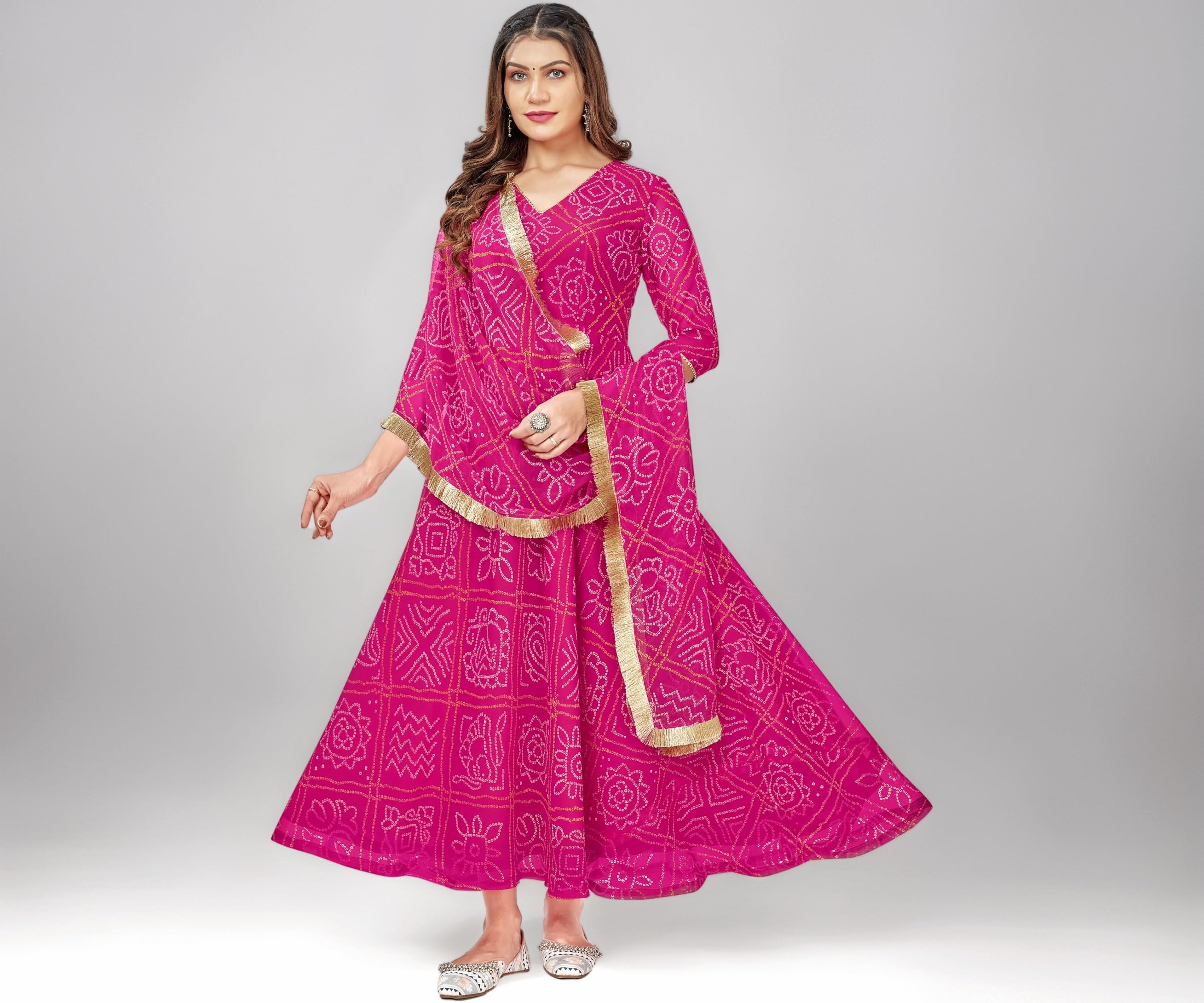 Women's Bandhani Print Anarkali Kurta with Matching Dupatta, Ethnic Indian Wear