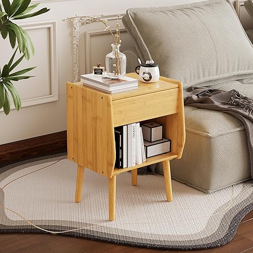 Miniatura 7 de ZIYOO Mesita de noche con cajón, mesita de noche moderna de mediados de siglo con almacenamiento, mesa auxiliar de dormitorio pequeña para