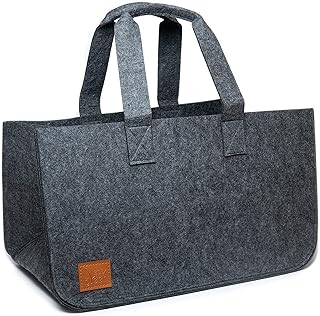 easy and green Sac à bûches en feutre pour bois, journaux et jouets, sac à provisions, panier en feutre avec poignée de transport | Gris foncé