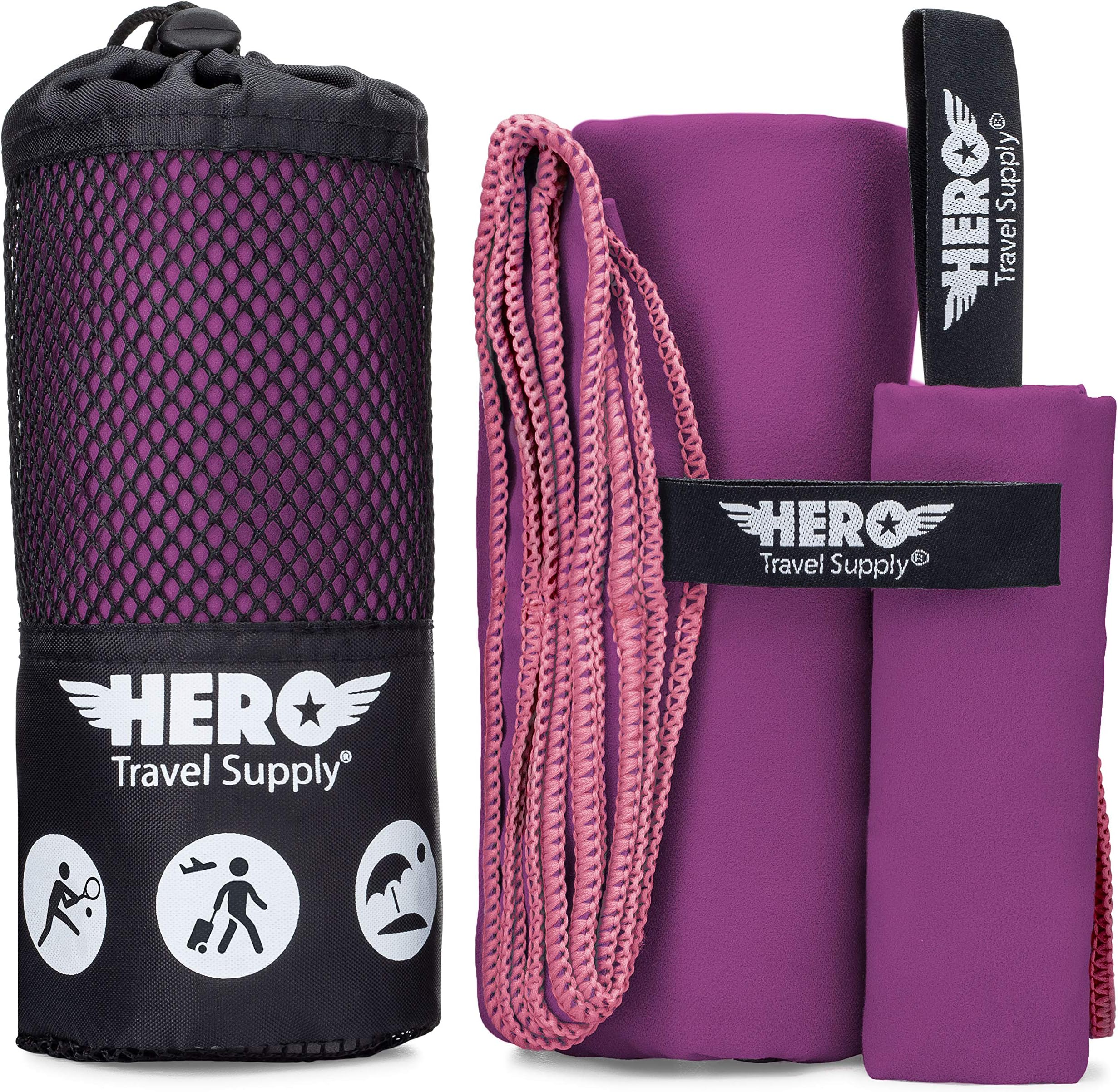 Hero Microfiber Travel Towel (24x48”) Quick Dry, Lightweight, & Compact for Beach, Camping, Gym & Hiking. Fast Drying Microfiber Beach Towel with Bonus Washcloth + Carry Pouch
