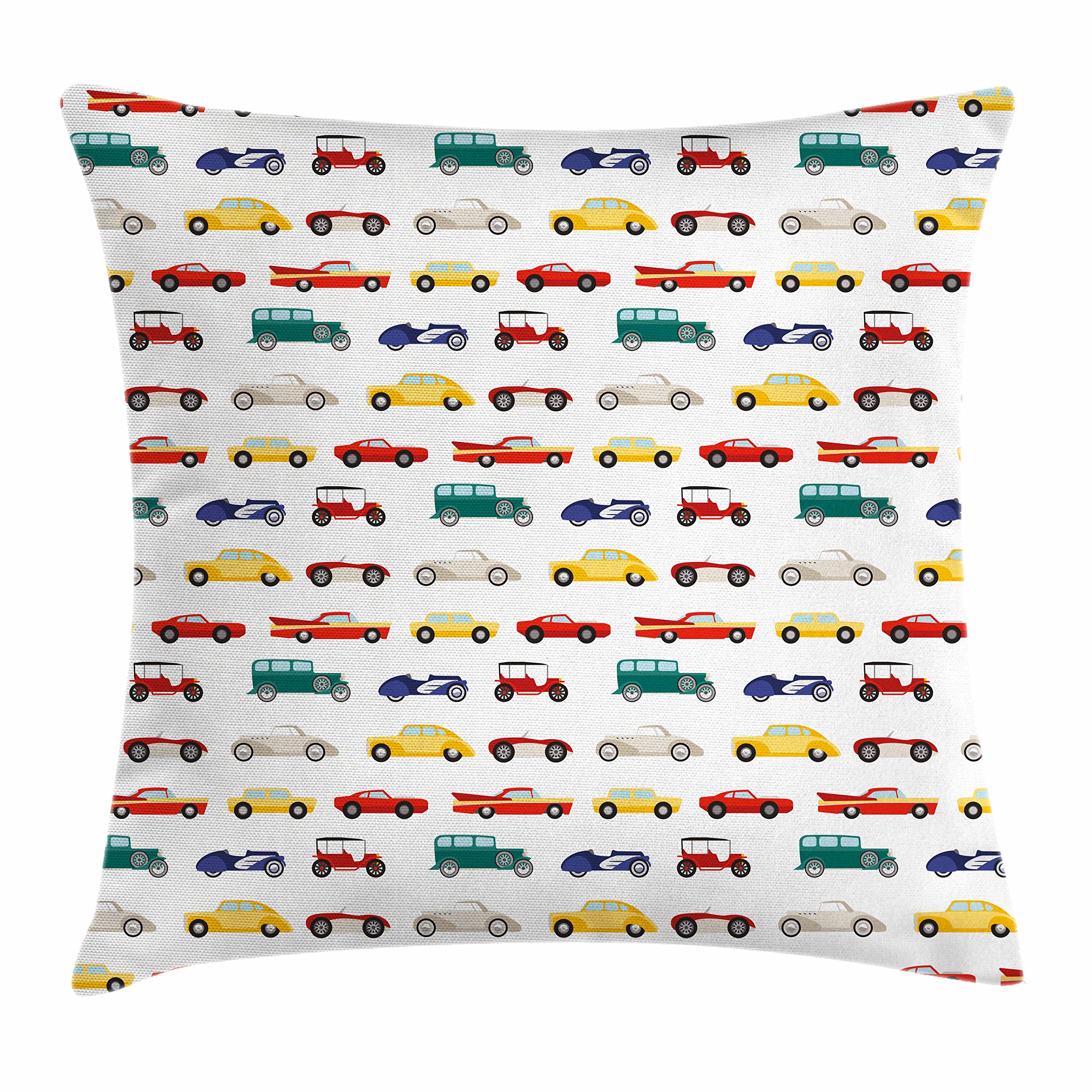 Lunarable Cartoon Throw Pillow Cushion Cover, Retro Cars Old Fashion Classic Vehicles Transportation Vintage Design, Decorative Square Accent Pillow Case, 26